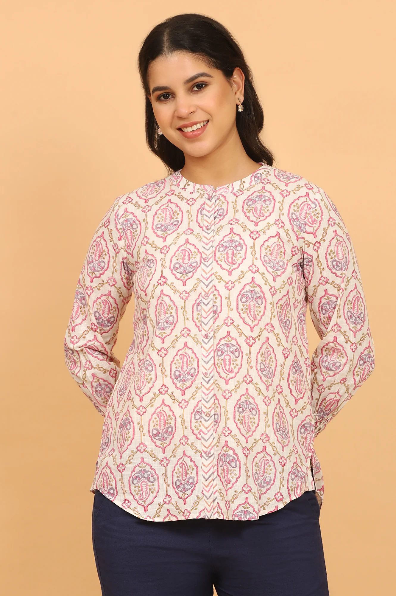 Pink and White Handblock Printed Shirt - Image 3