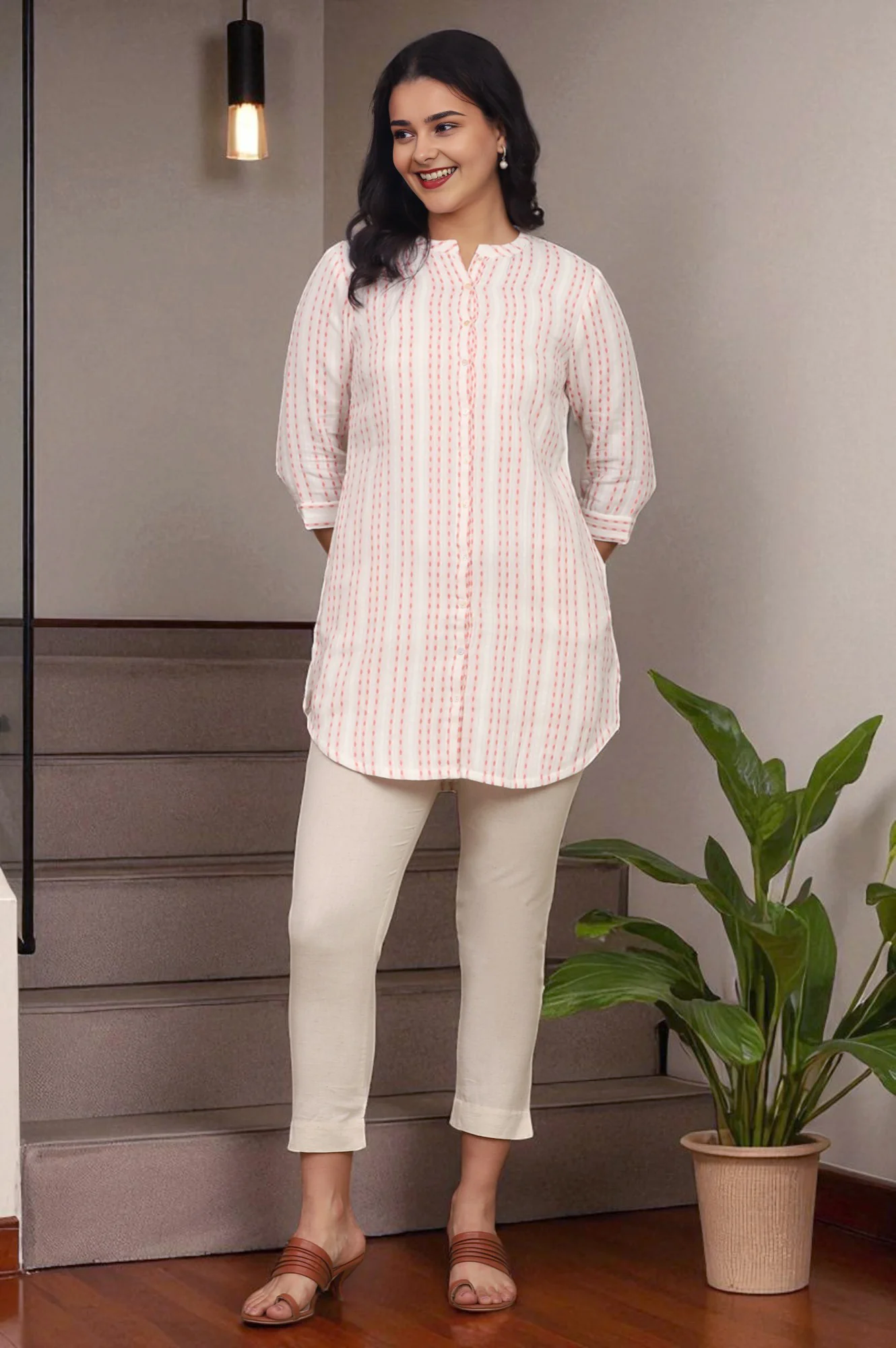 Pink And White Yarn Dyed Double Cloth Cotton Tunic