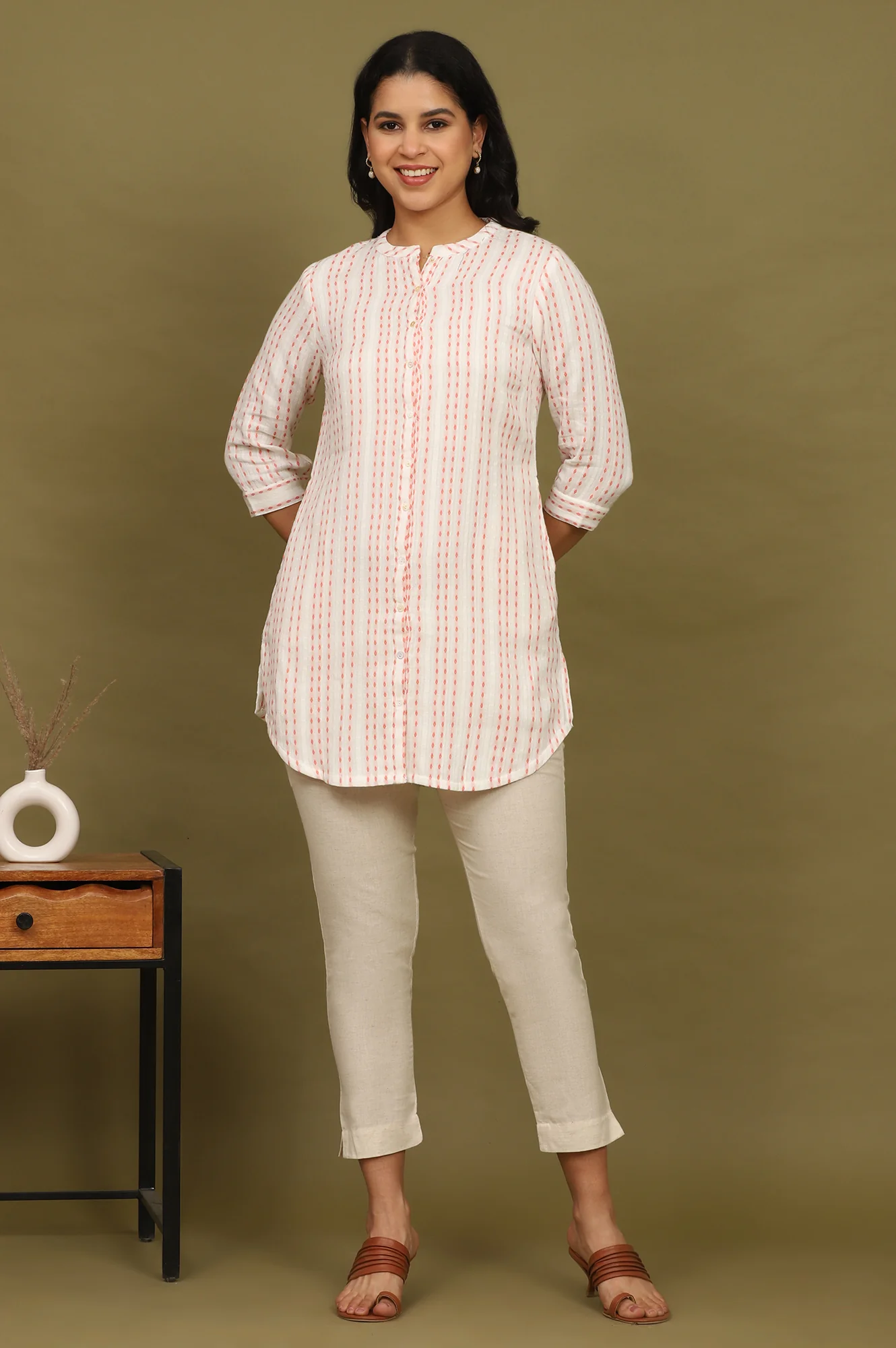 Pink And White Yarn Dyed Double Cloth Cotton Tunic - Image 2