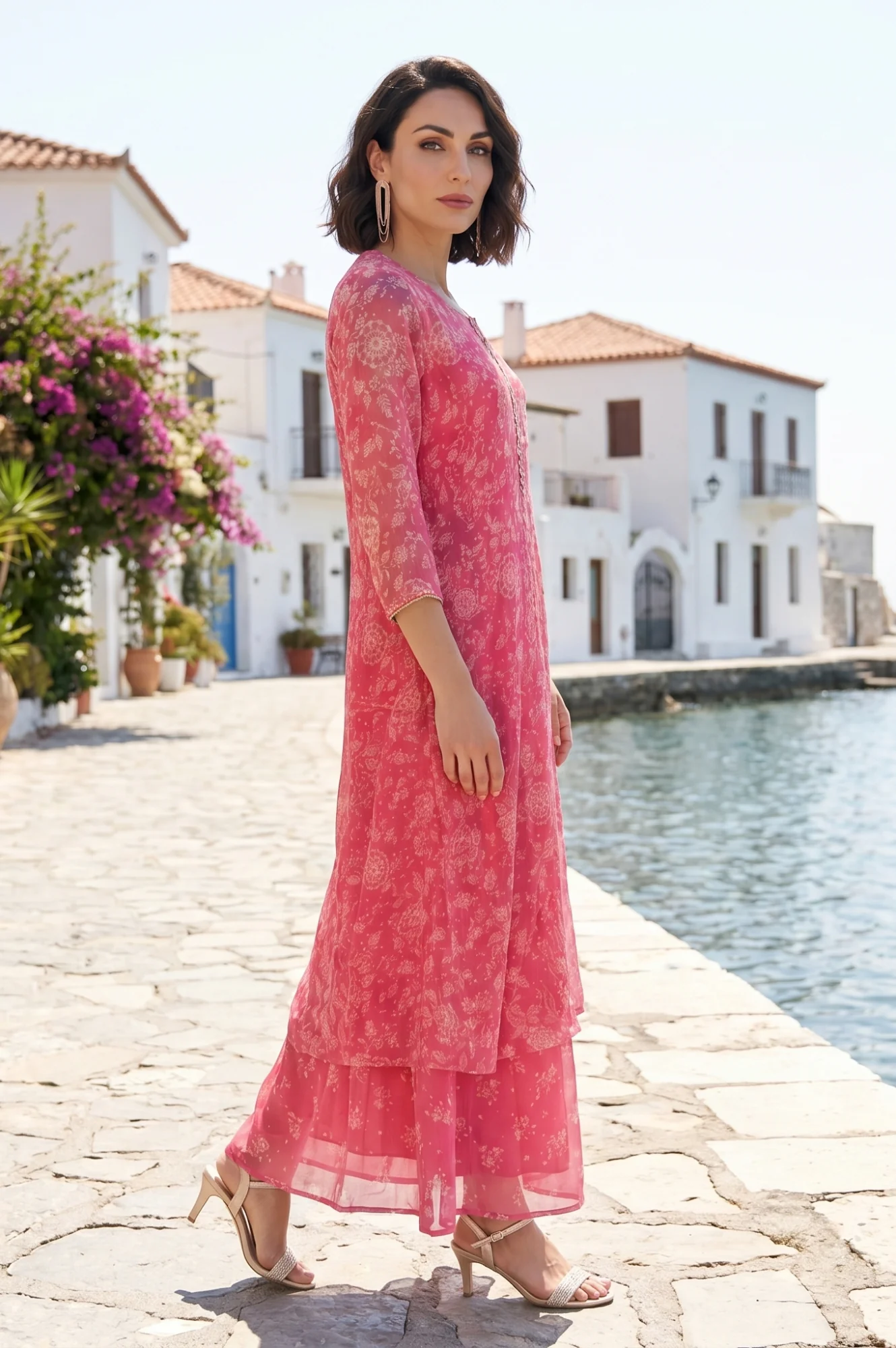 Pink Bandhani Printed Chiffon Gillet, Spaghetti Crop Top and Flared Culottes Set - Image 5