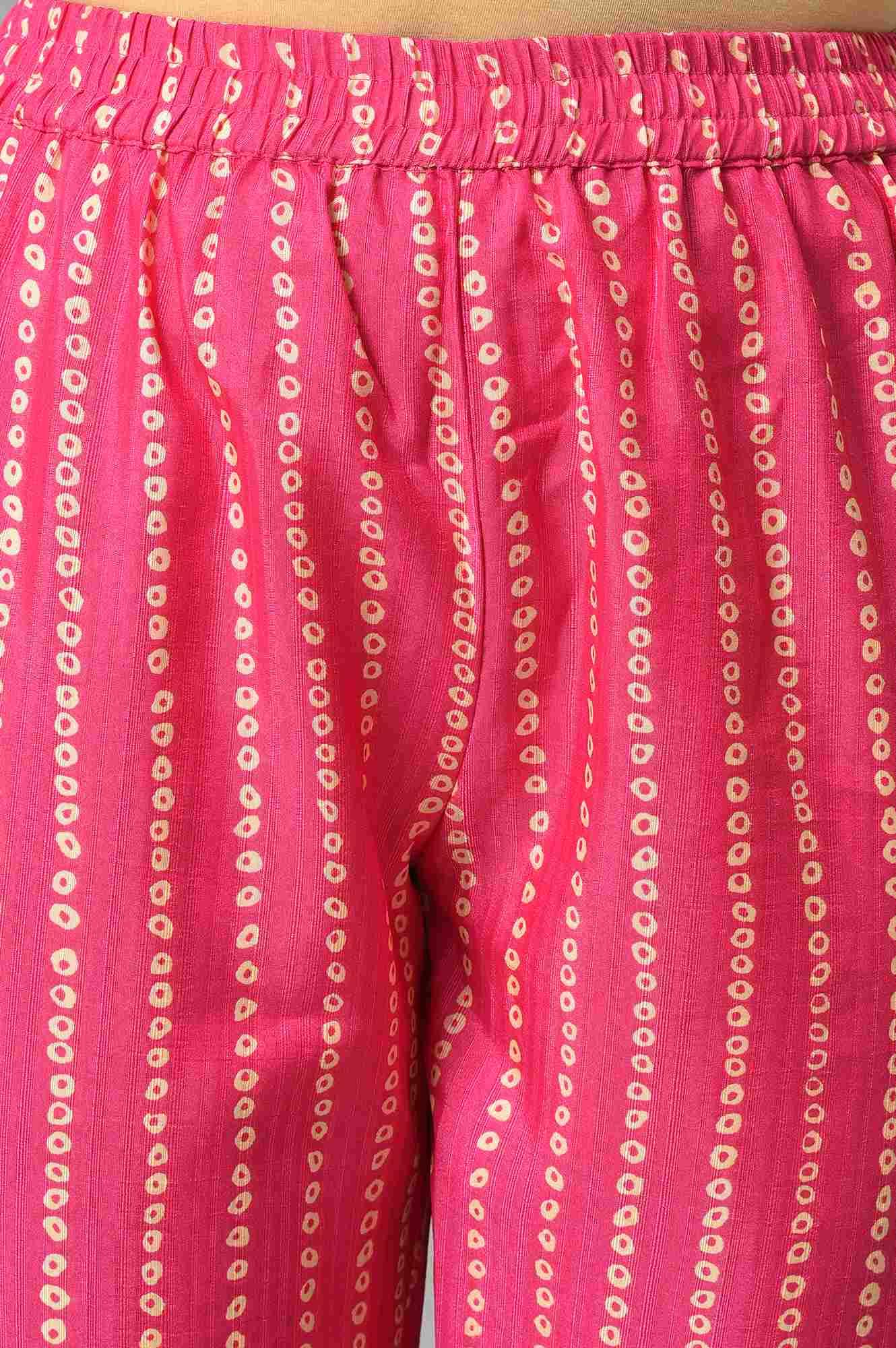 Pink Bandhani Printed Embroidered kurta With Pants And Organza Dupatta - Image 6