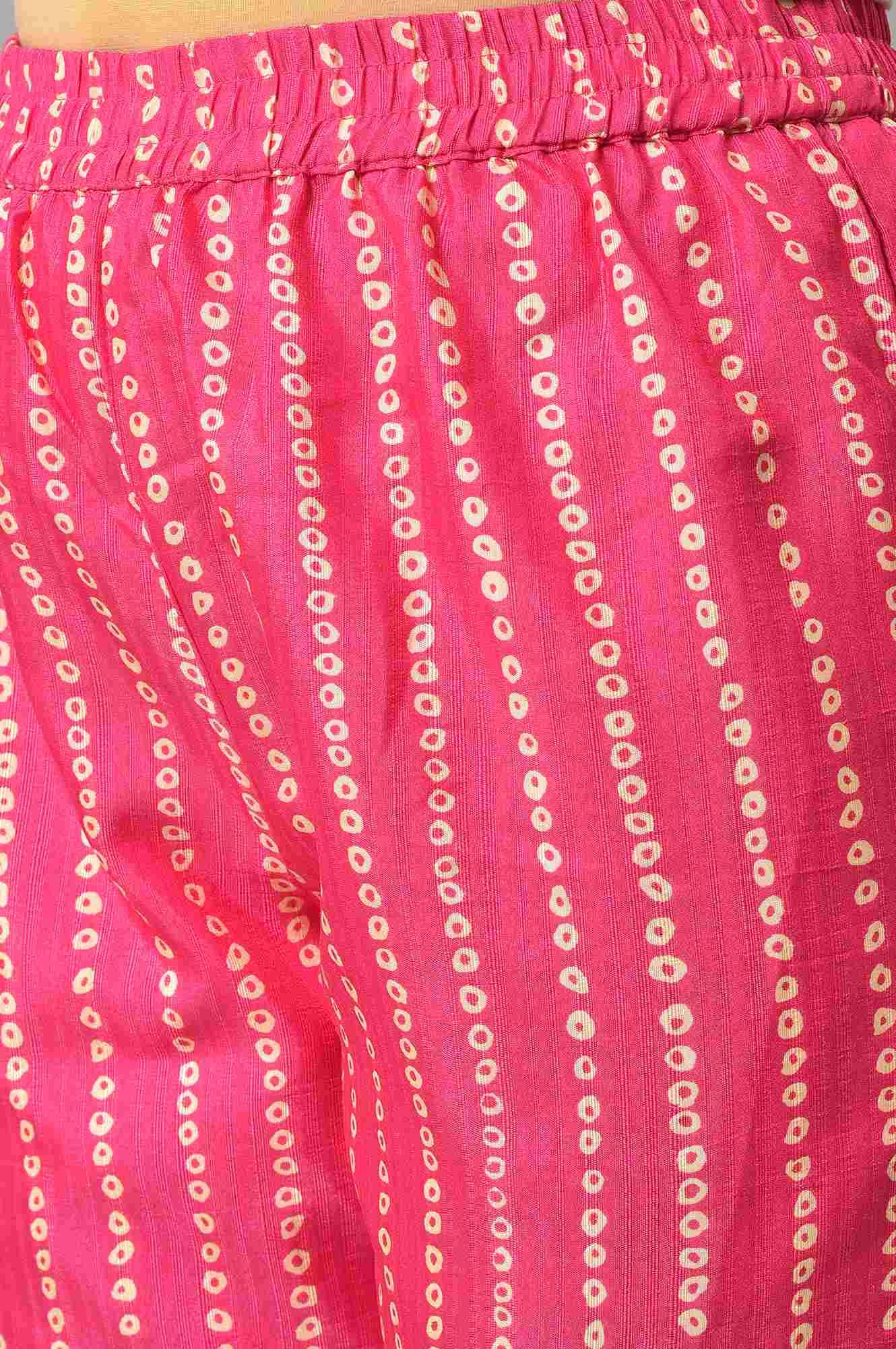 Pink Bandhani Printed Embroidered kurta With Pants And Organza Dupatta - Image 7