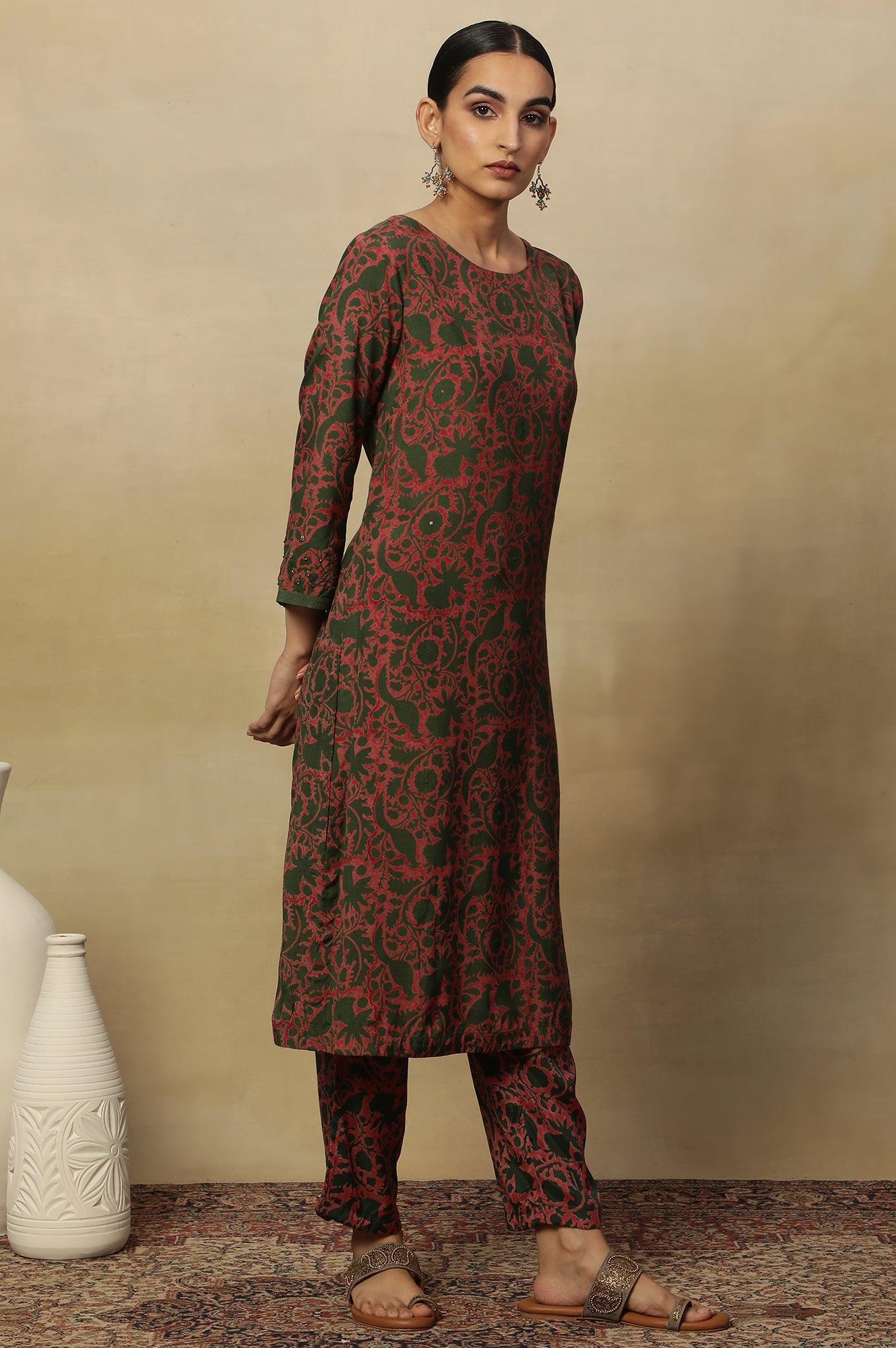 Pink Bicolor Block Printed Round Neck Kurta - Image 5