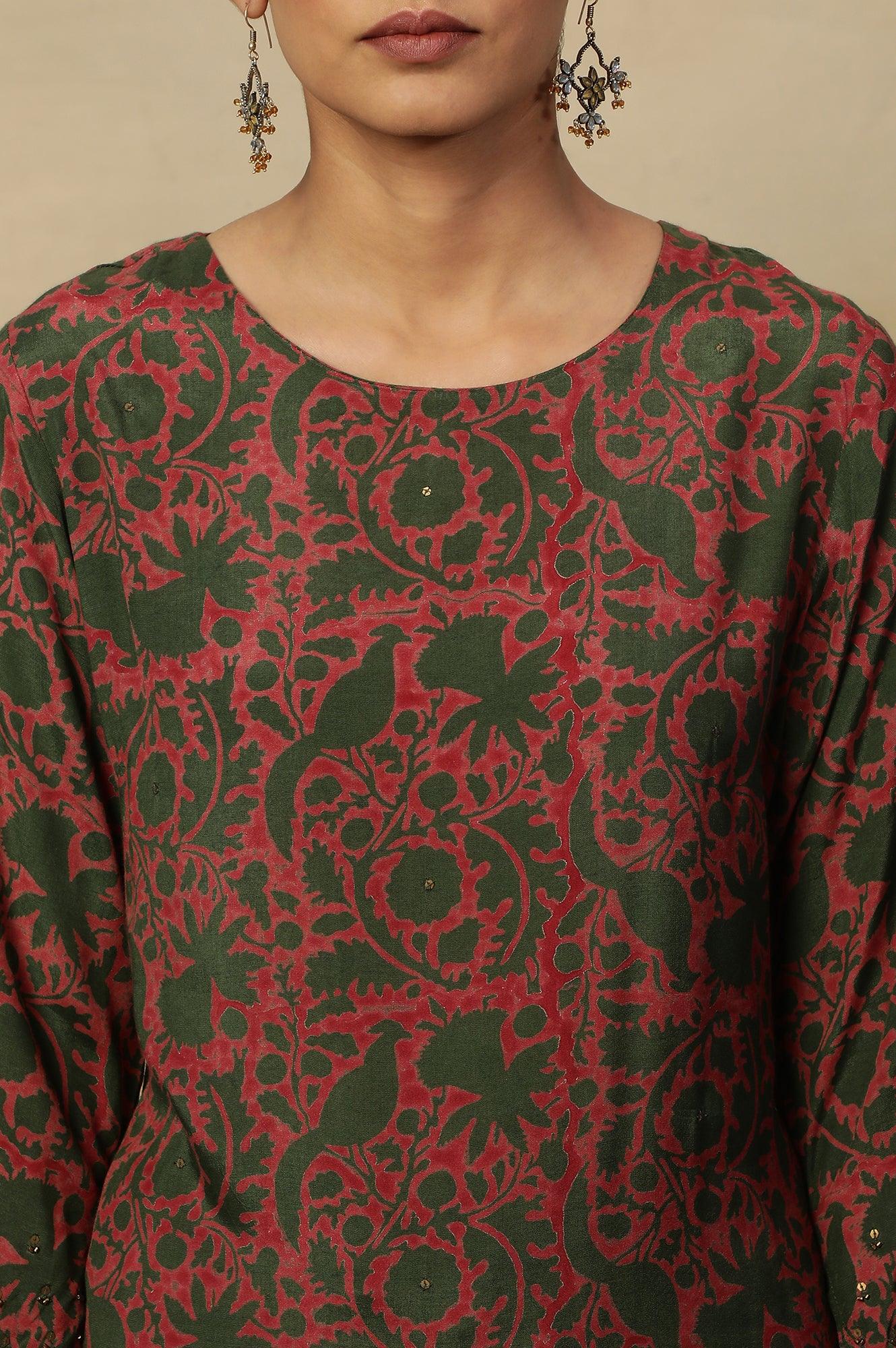 Pink Bicolor Block Printed Round Neck Kurta - Image 7