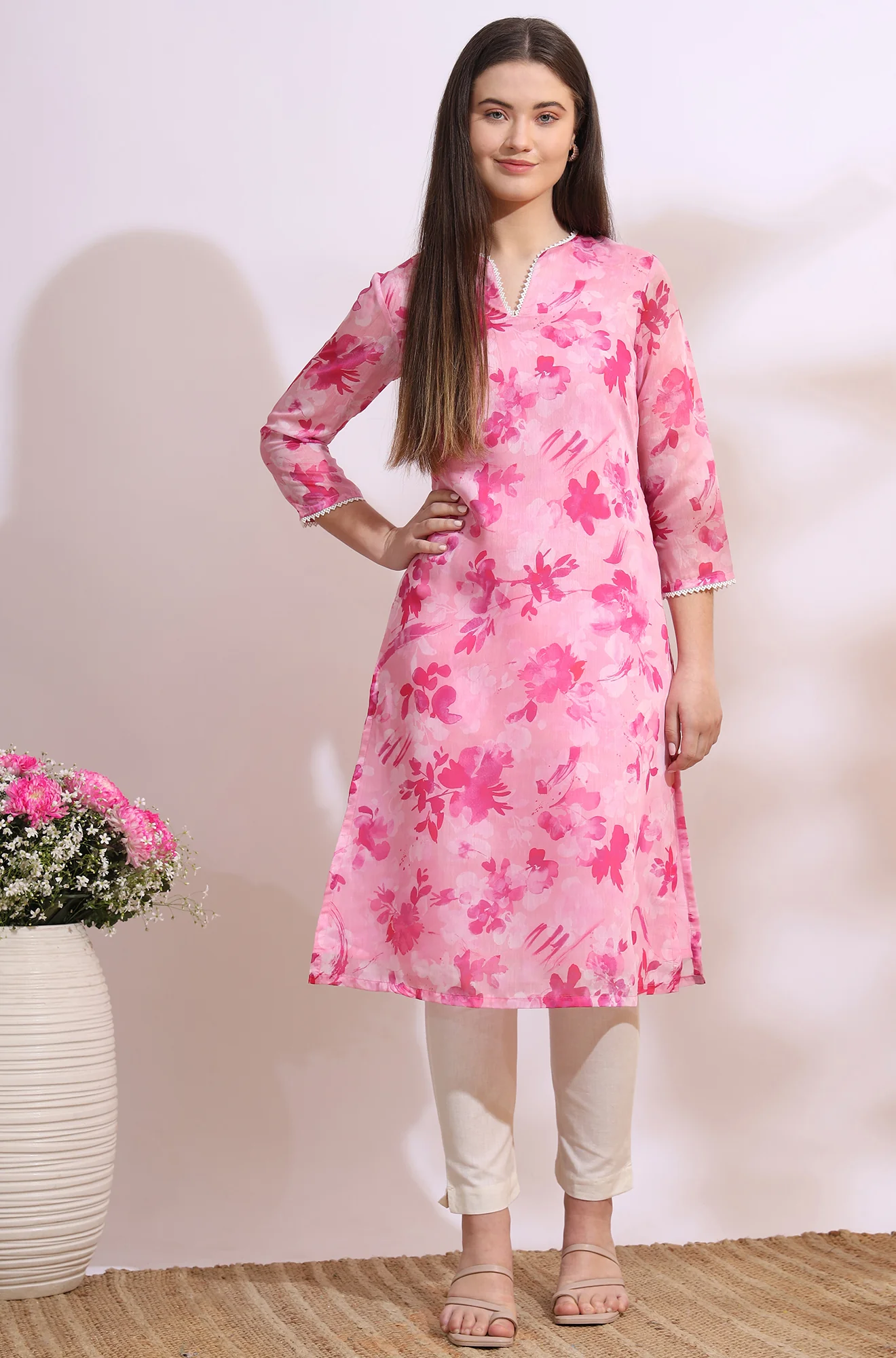 Pink Bold Floral Printed Pure Cotton Straight Kurta with Lace - Image 3