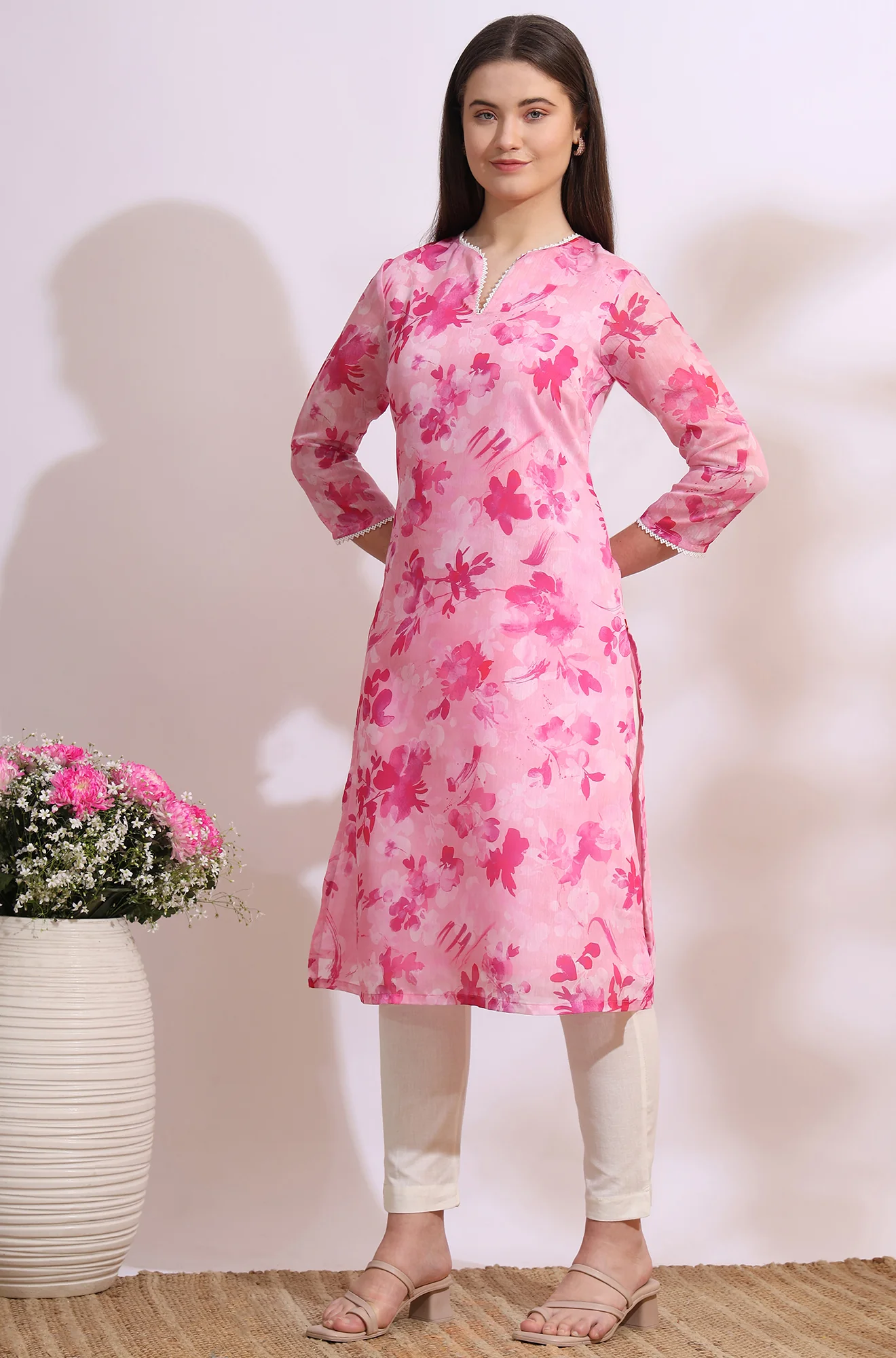 Pink Bold Floral Printed Pure Cotton Straight Kurta with Lace - Image 5