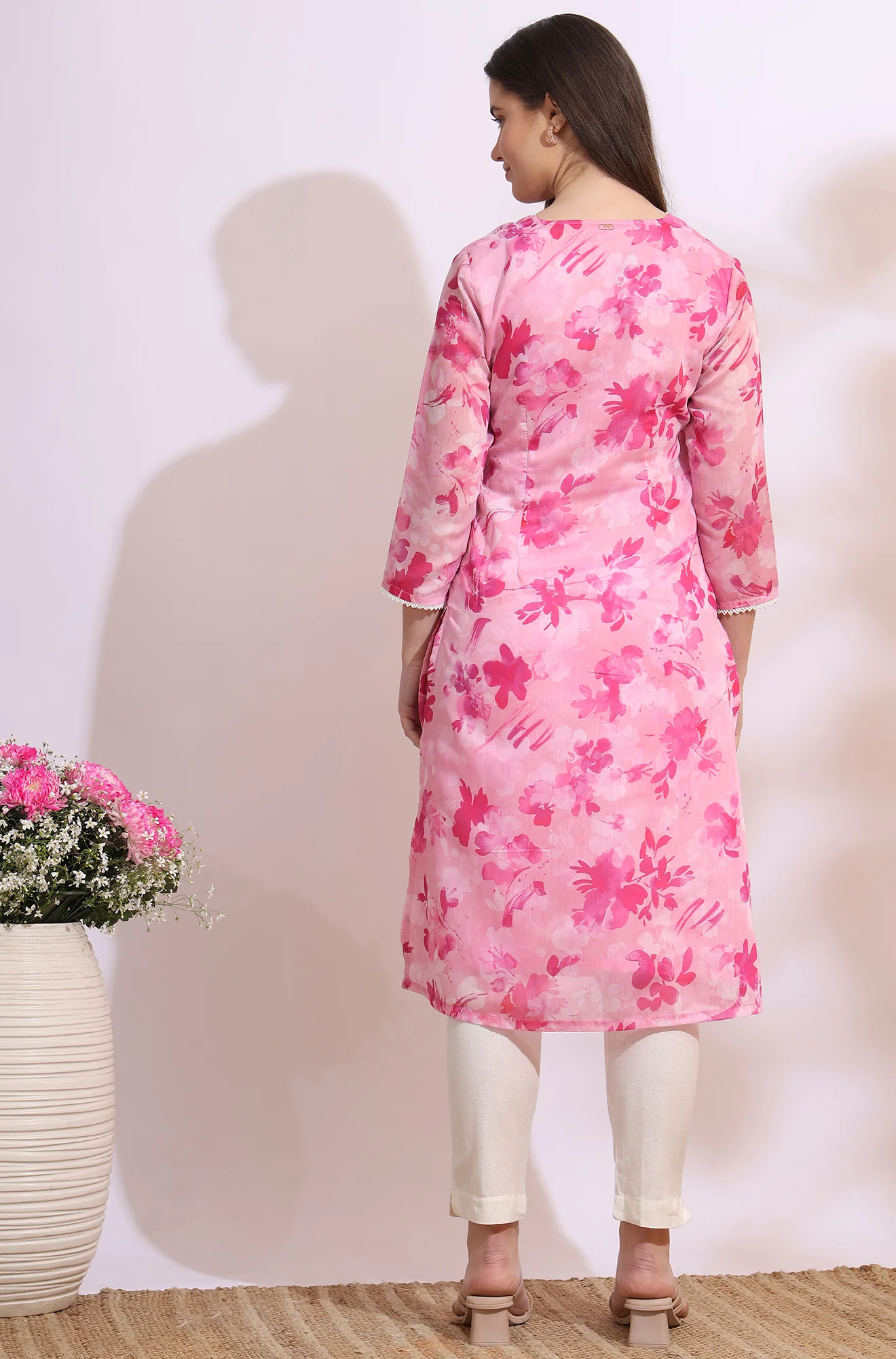 Pink Bold Floral Printed Pure Cotton Straight Kurta with Lace - Image 6