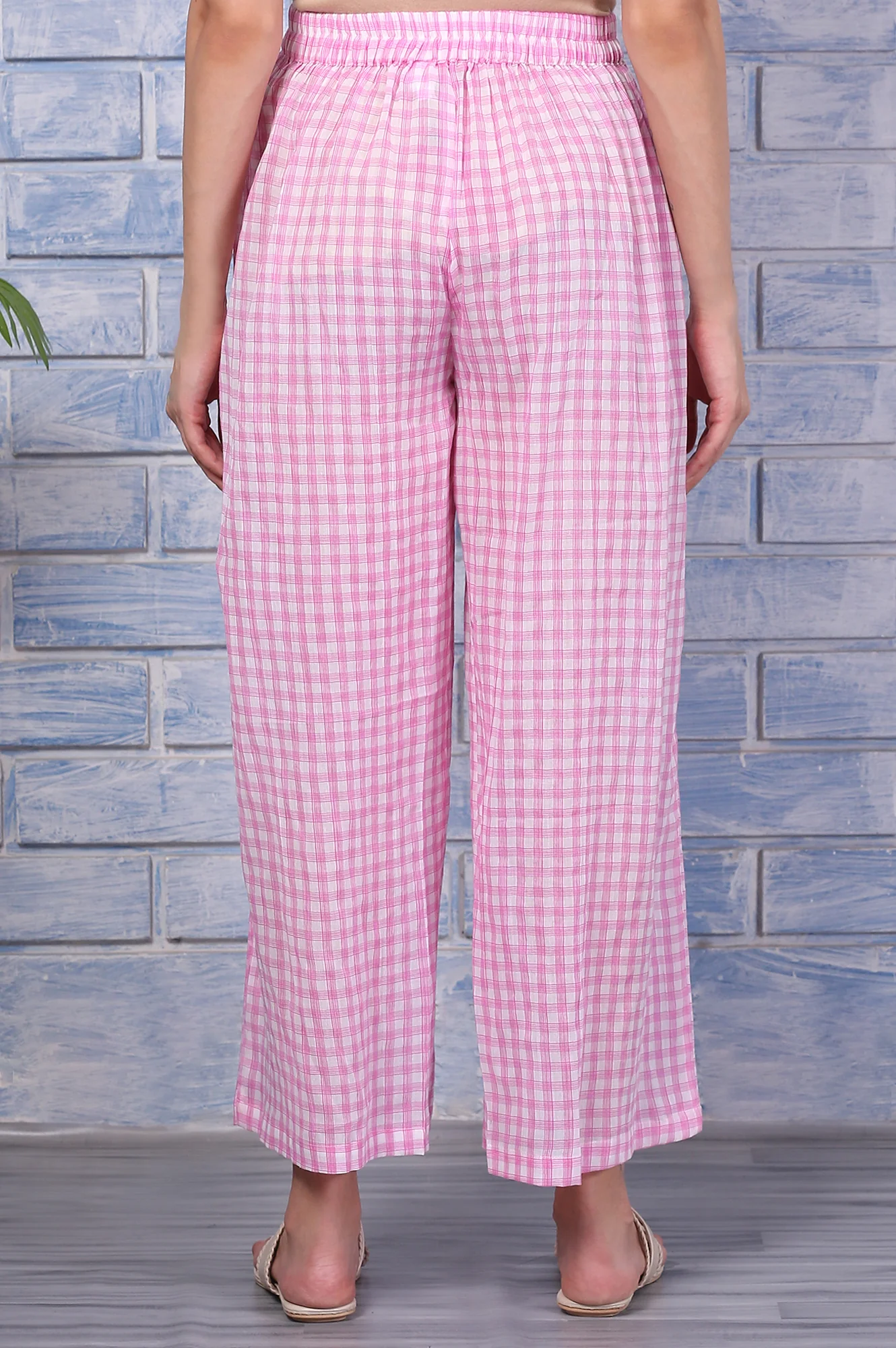 Pink Checkered Ankle Length Pure Cotton Pants - Image 4