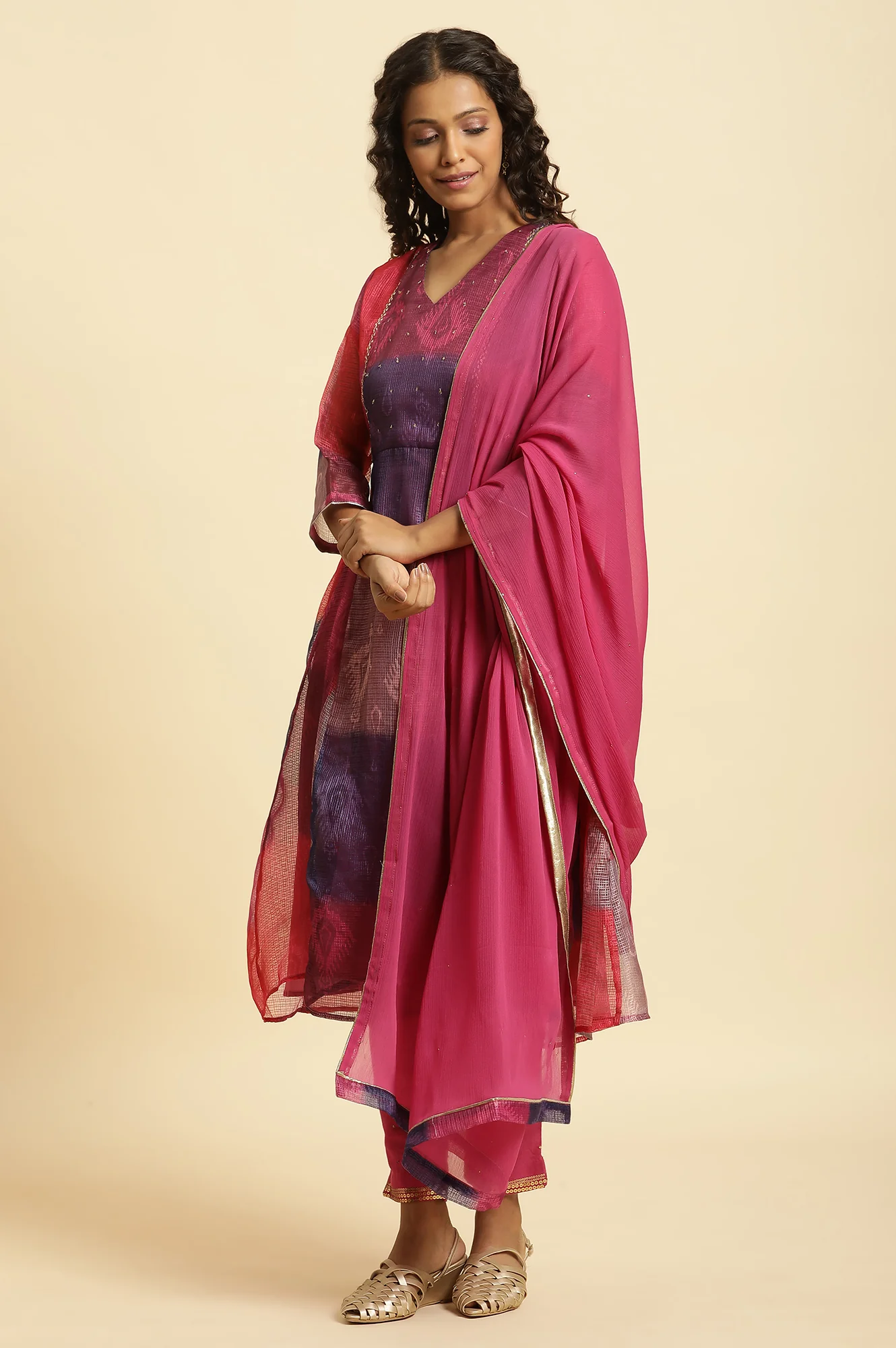 Pink Chiffon Dupatta With Golden Mukaish Highlight - Image 2