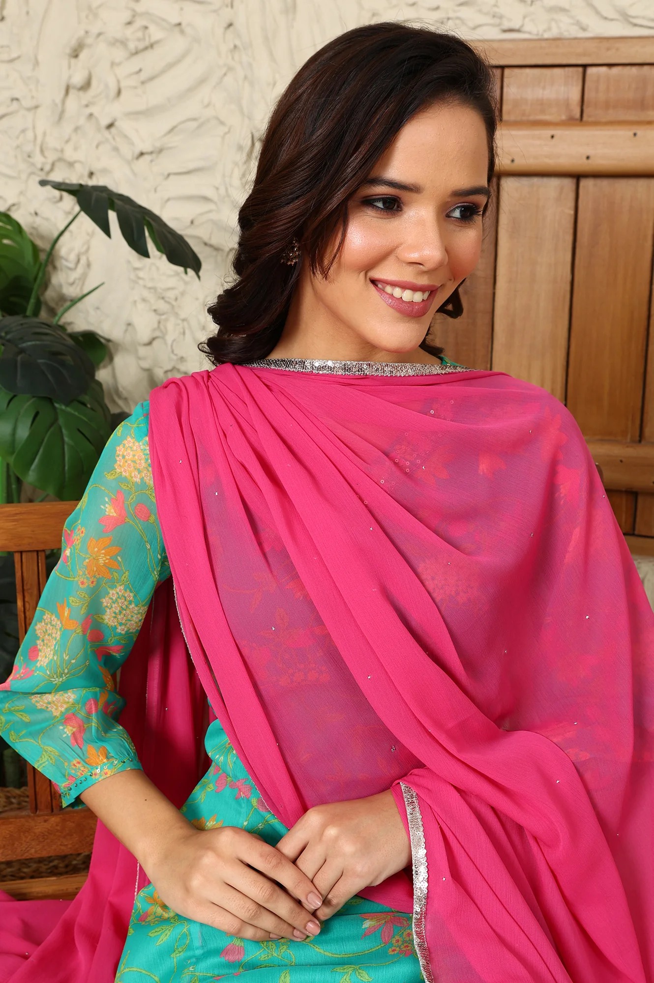 Pink Chiffon Golden Mukaish Dupatta With Gota Patti Border