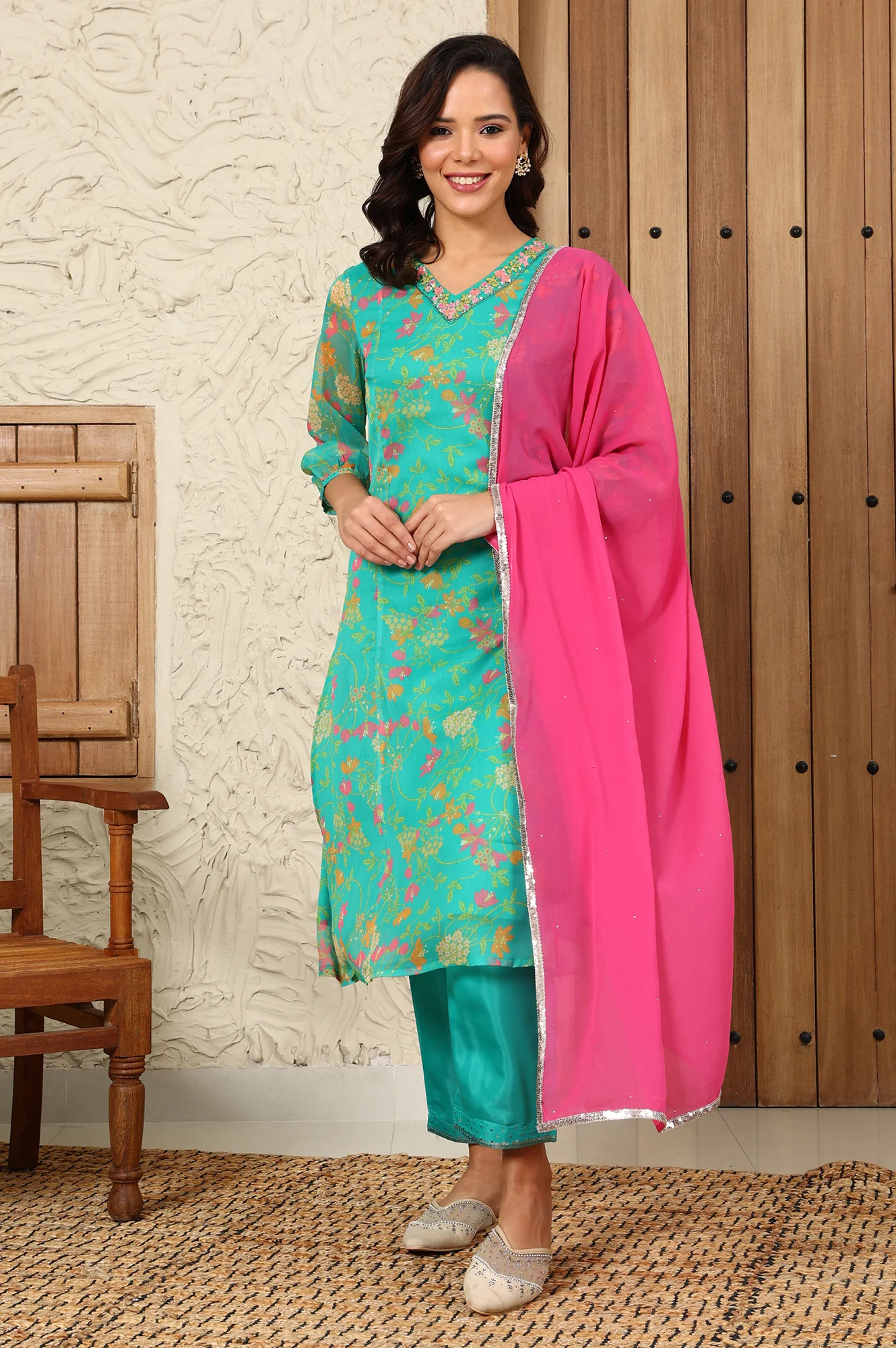 Pink Chiffon Golden Mukaish Dupatta With Gota Patti Border - Image 2