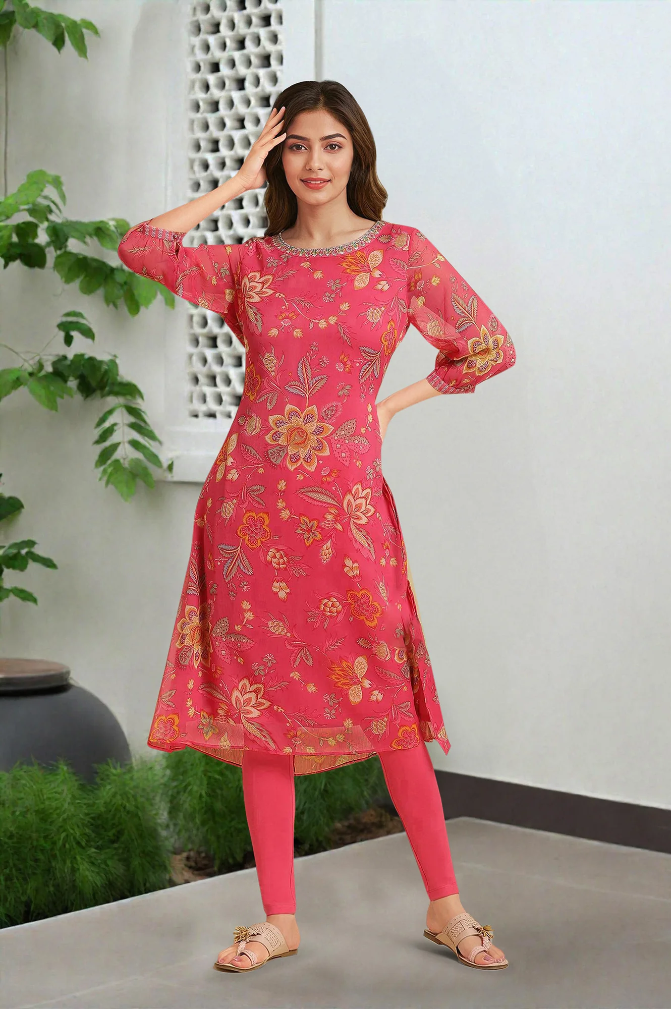Pink Chiffon Printed Kurta with Multi-coloured Floral Embroidery - Image 2