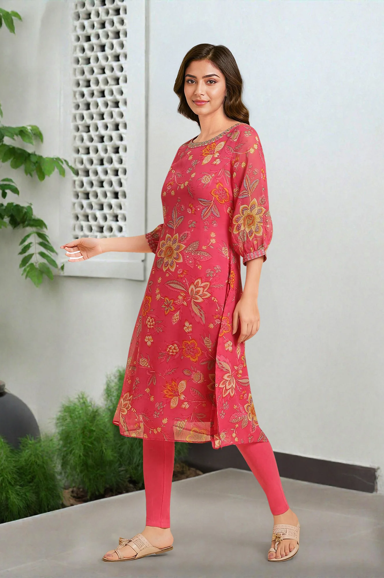Pink Chiffon Printed Kurta with Multi-coloured Floral Embroidery - Image 3