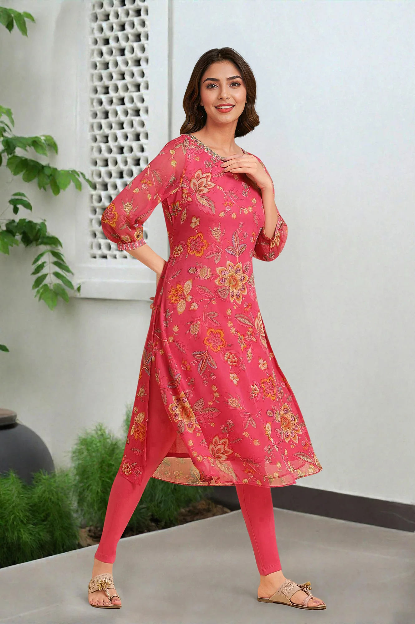 Pink Chiffon Printed Kurta with Multi-coloured Floral Embroidery - Image 5