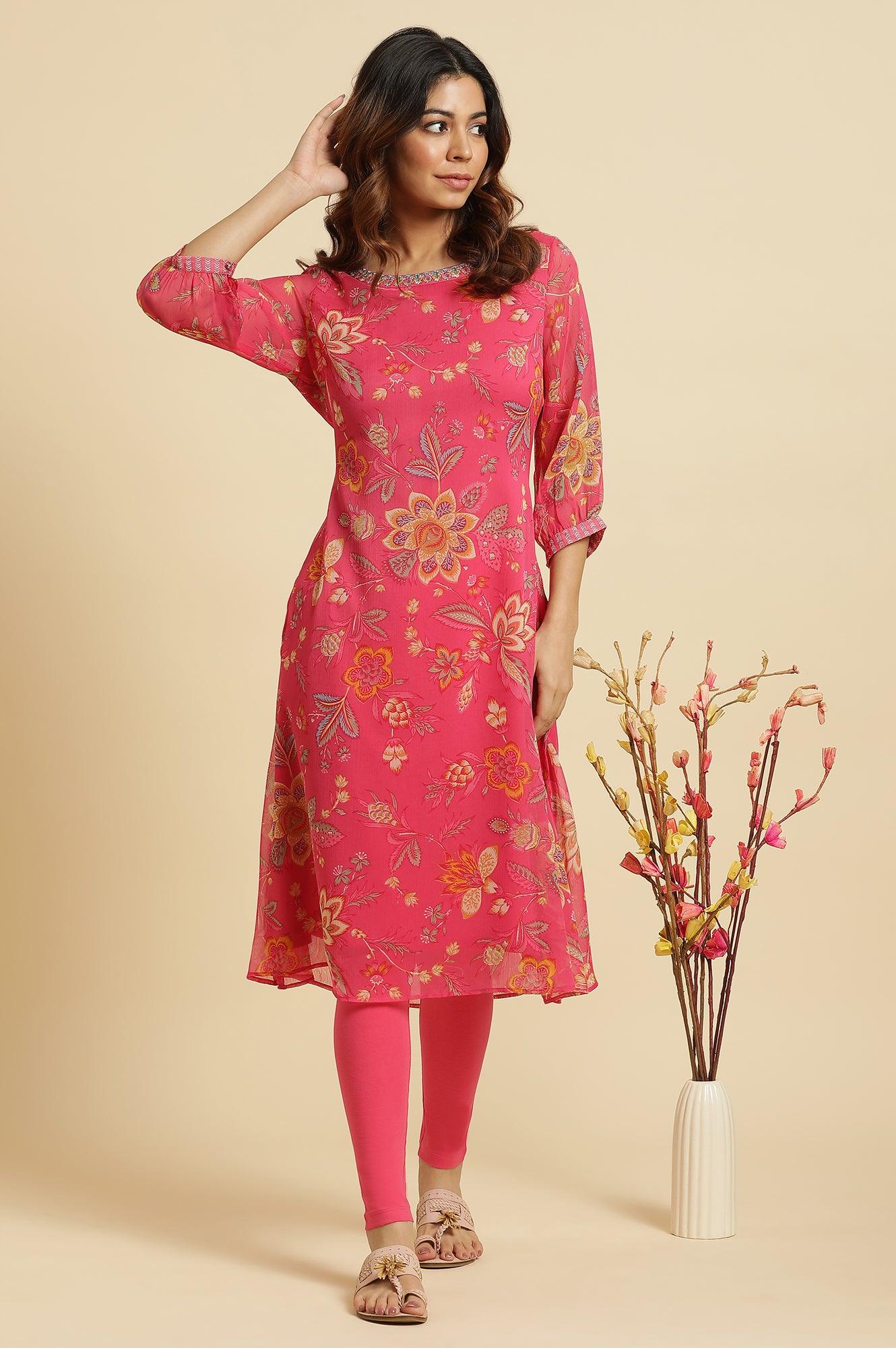 Pink Chiffon Printed Kurta with Multi-coloured Floral Embroidery - Image 6