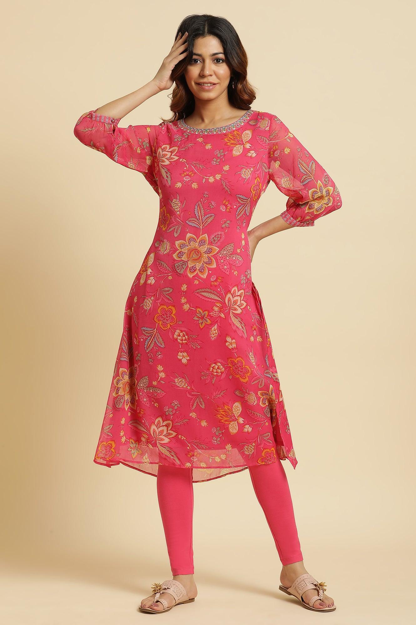 Pink Chiffon Printed Kurta with Multi-coloured Floral Embroidery - Image 7