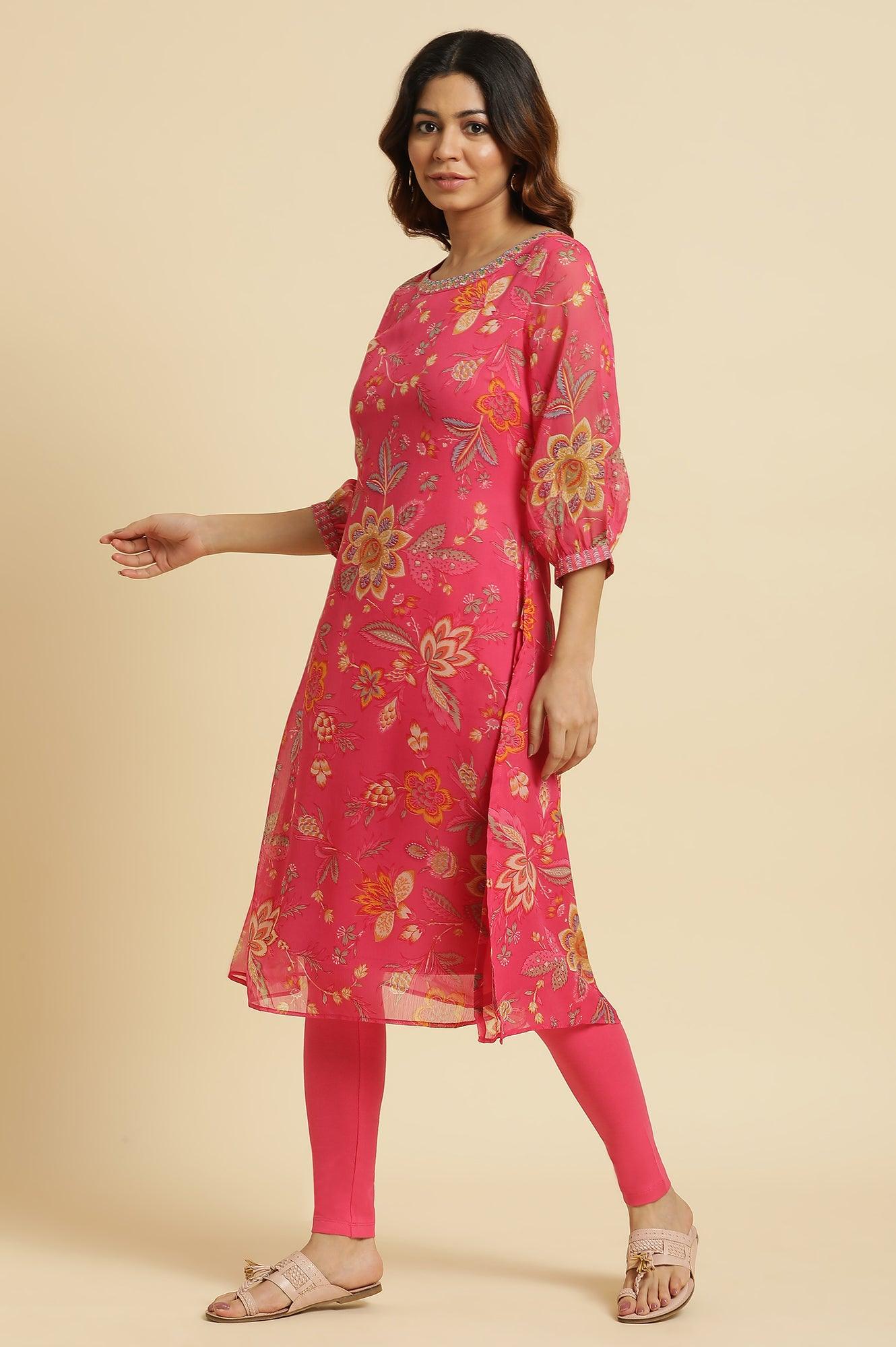 Pink Chiffon Printed Kurta with Multi-coloured Floral Embroidery - Image 8