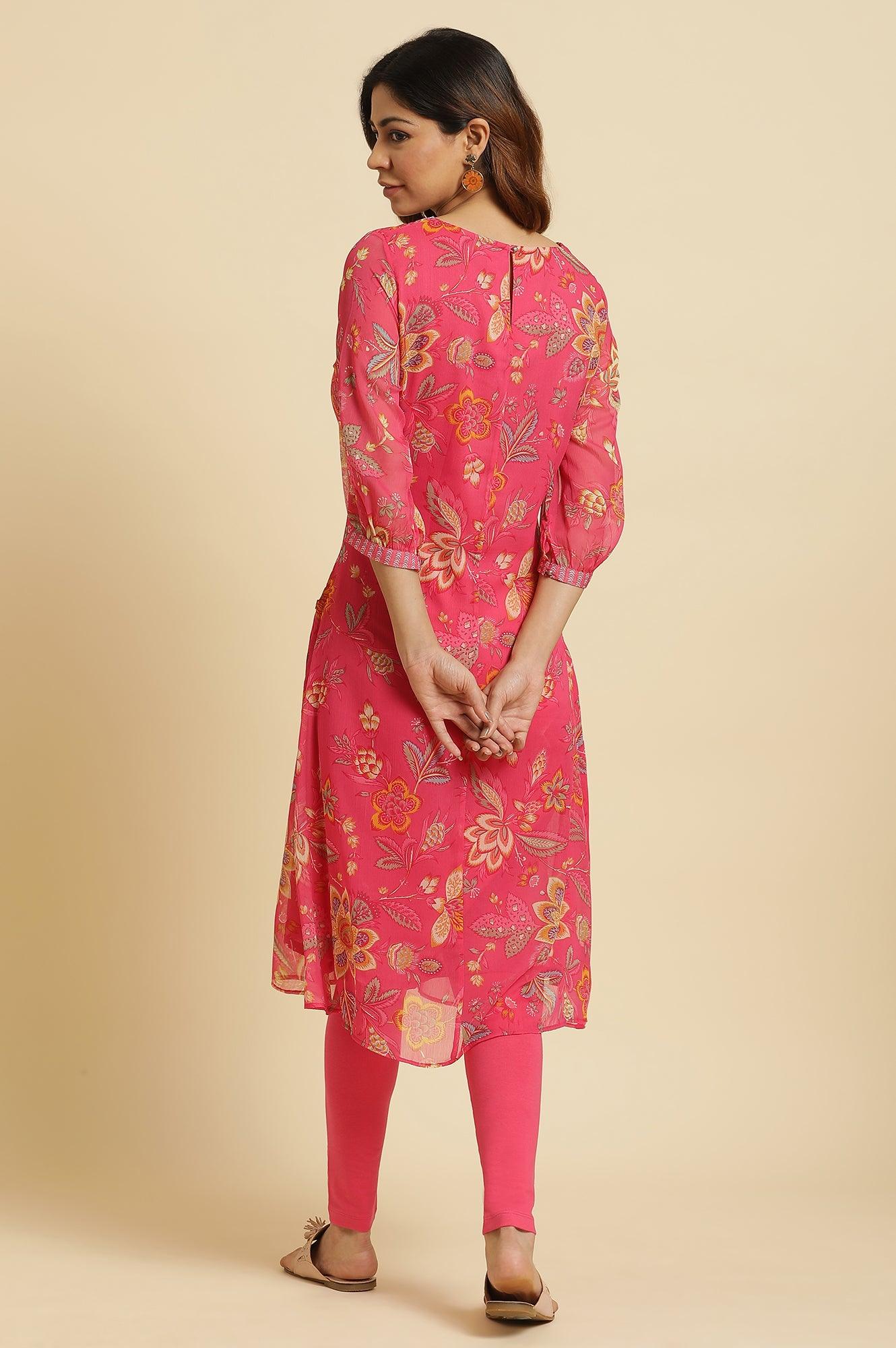 Pink Chiffon Printed Kurta with Multi-coloured Floral Embroidery - Image 9