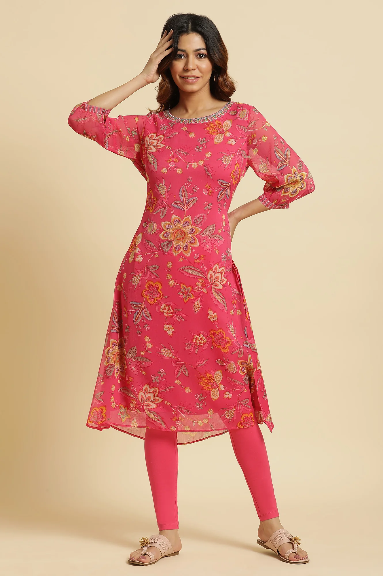 Pink Chiffon Printed Kurta with Multi-coloured Floral Embroidery - Image 2