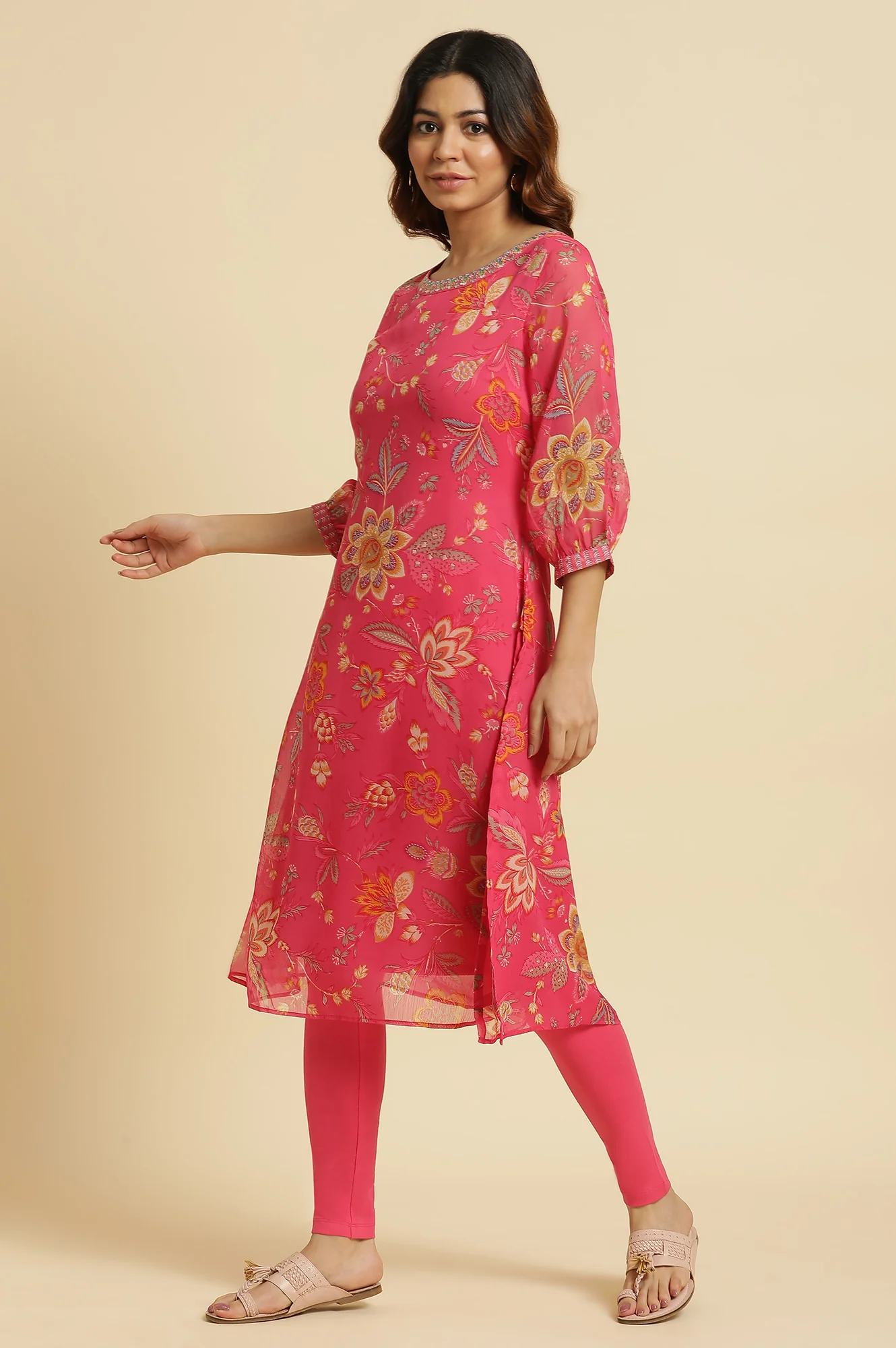 Pink Chiffon Printed Kurta with Multi-coloured Floral Embroidery - Image 3