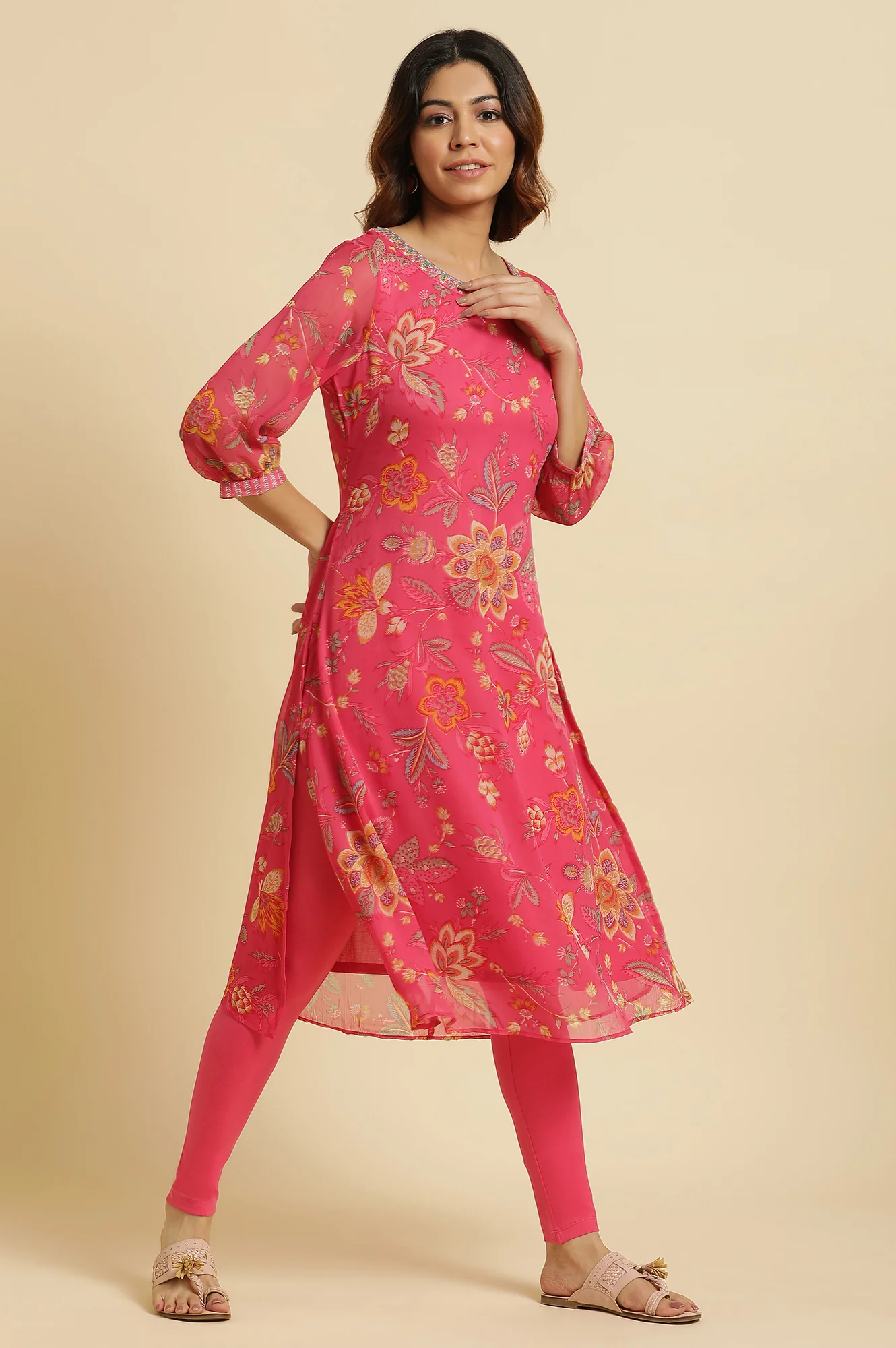Pink Chiffon Printed Kurta with Multi-coloured Floral Embroidery - Image 5