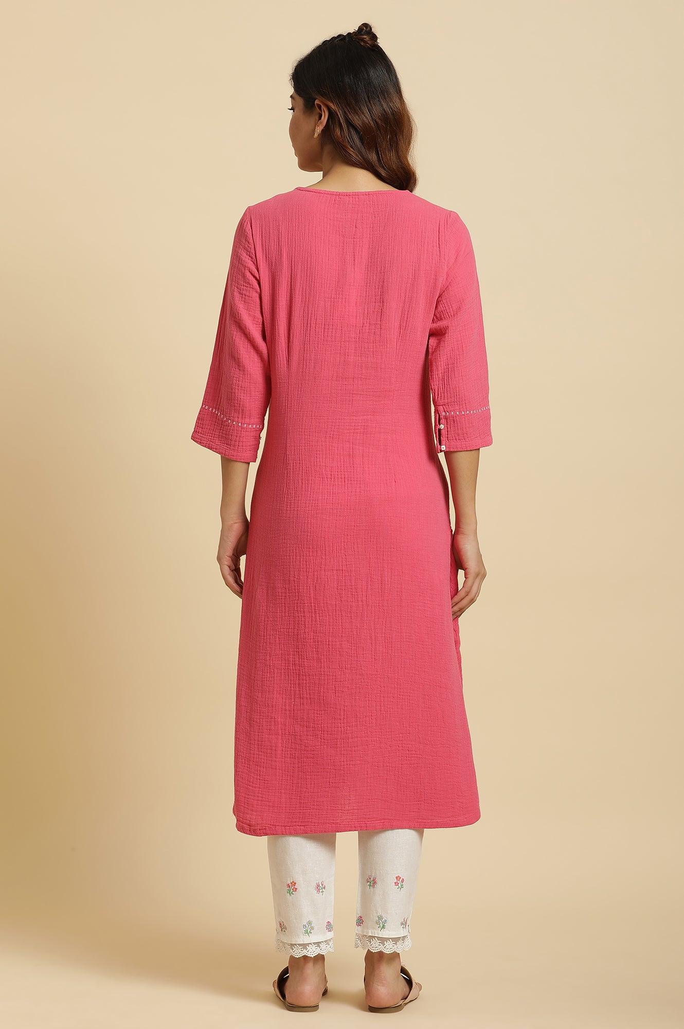 Pink Cotton Embroidered Kurta - Image 4