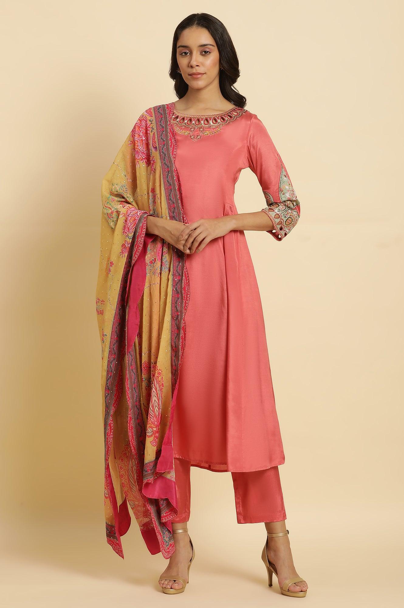 Pink Embroidered Anarkali Kurta, Pants & Printed Dupatta Set - Image 2