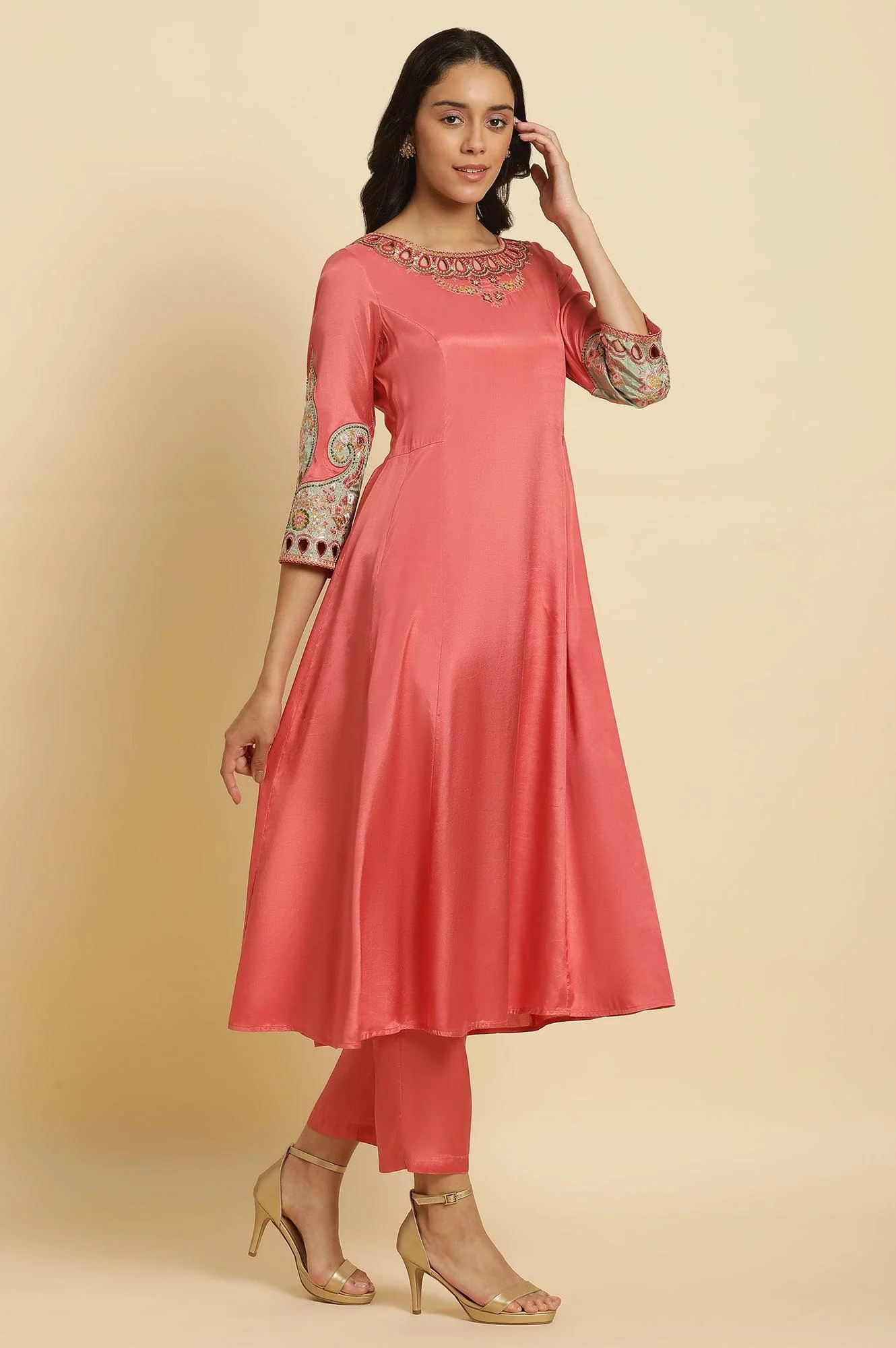 Pink Embroidered Anarkali Kurta, Pants & Printed Dupatta Set - Image 3