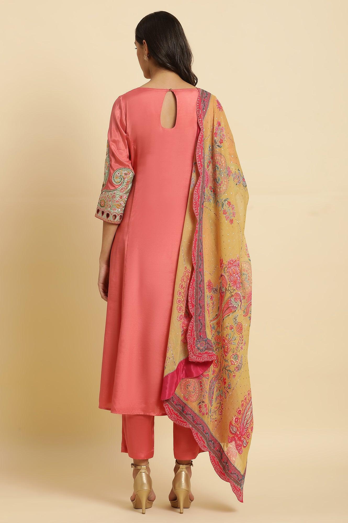Pink Embroidered Anarkali Kurta, Pants & Printed Dupatta Set - Image 4