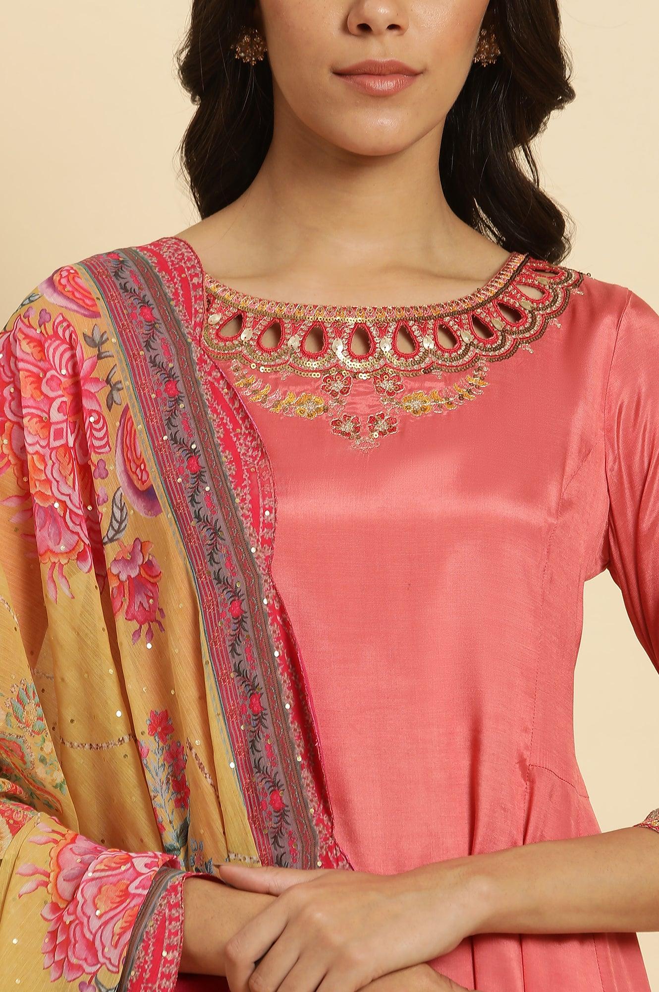 Pink Embroidered Anarkali Kurta, Pants & Printed Dupatta Set - Image 6