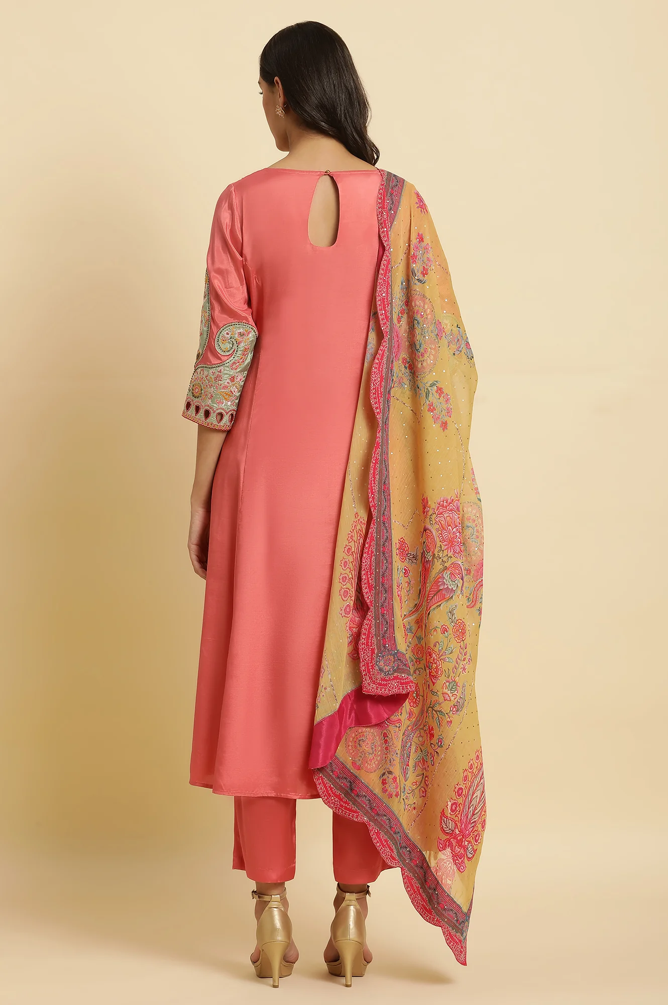 Pink Embroidered Anarkali Kurta, Pants & Printed Dupatta Set - Image 4