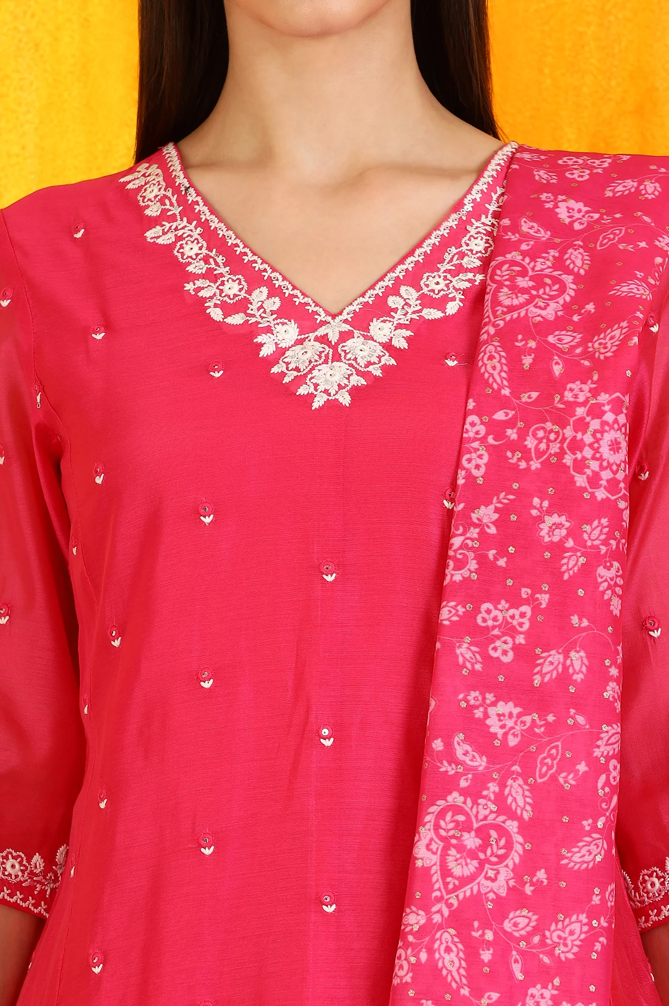 Pink Embroidered Chanderi Panelled Kurta, Cropped Pants and Dupatta Set - Image 3