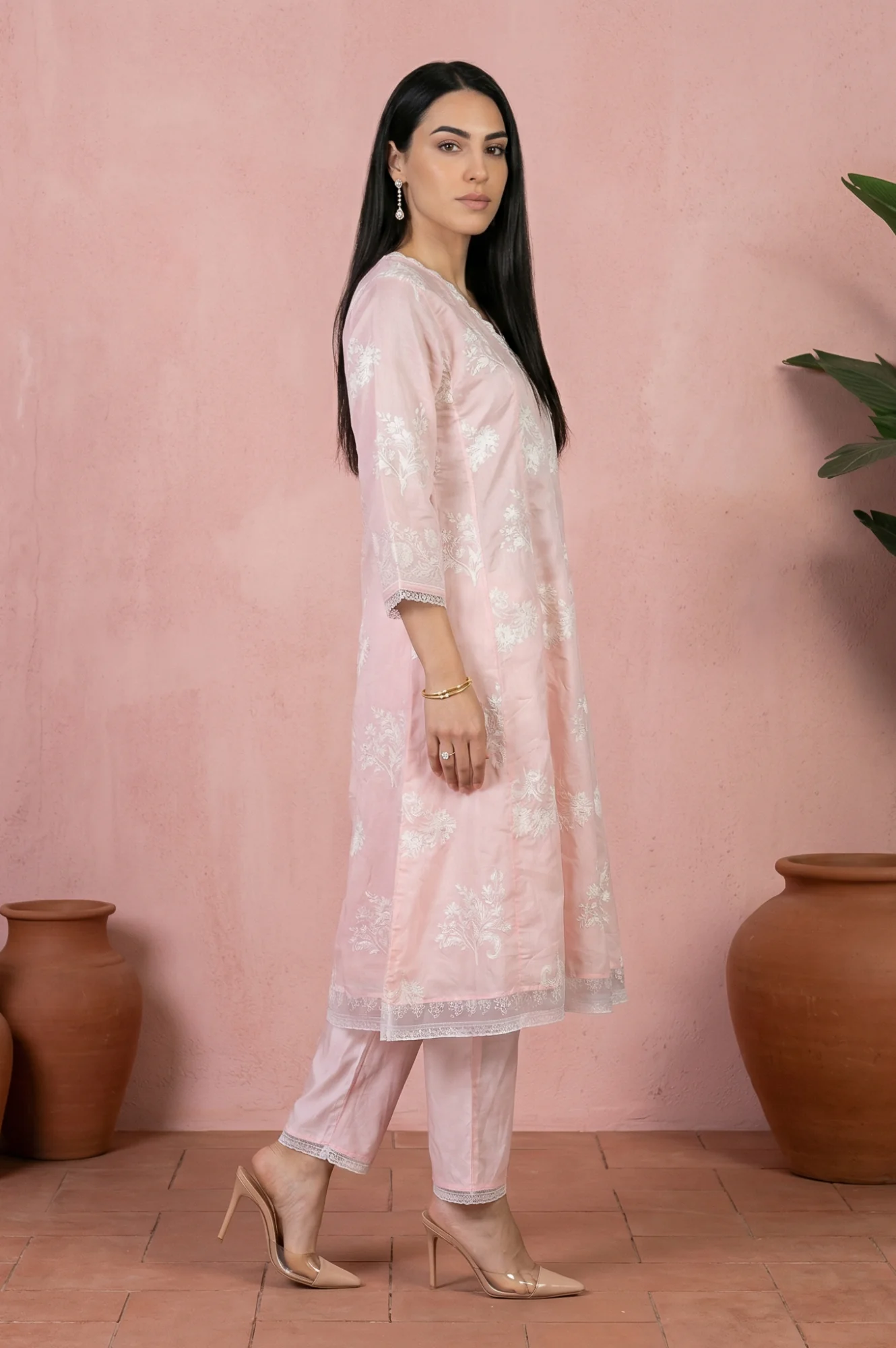 Pink Embroidered Floral Printed Chanderi Straight Kurta with Straight Pants Set - Image 6