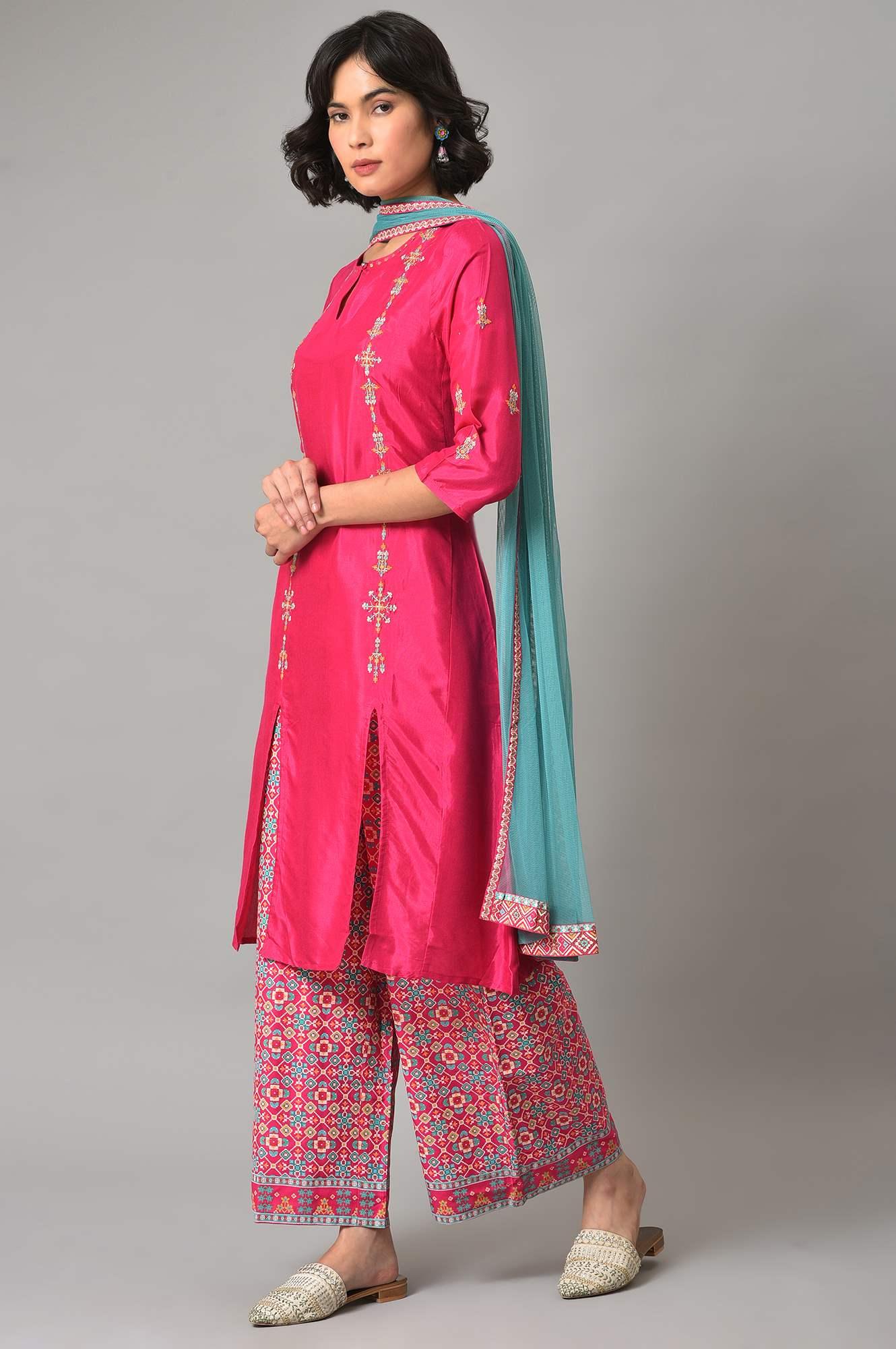 Pink Embroidered kurta With Printed Parallel Pants And Light Blue Mesh Dupatta - Image 3