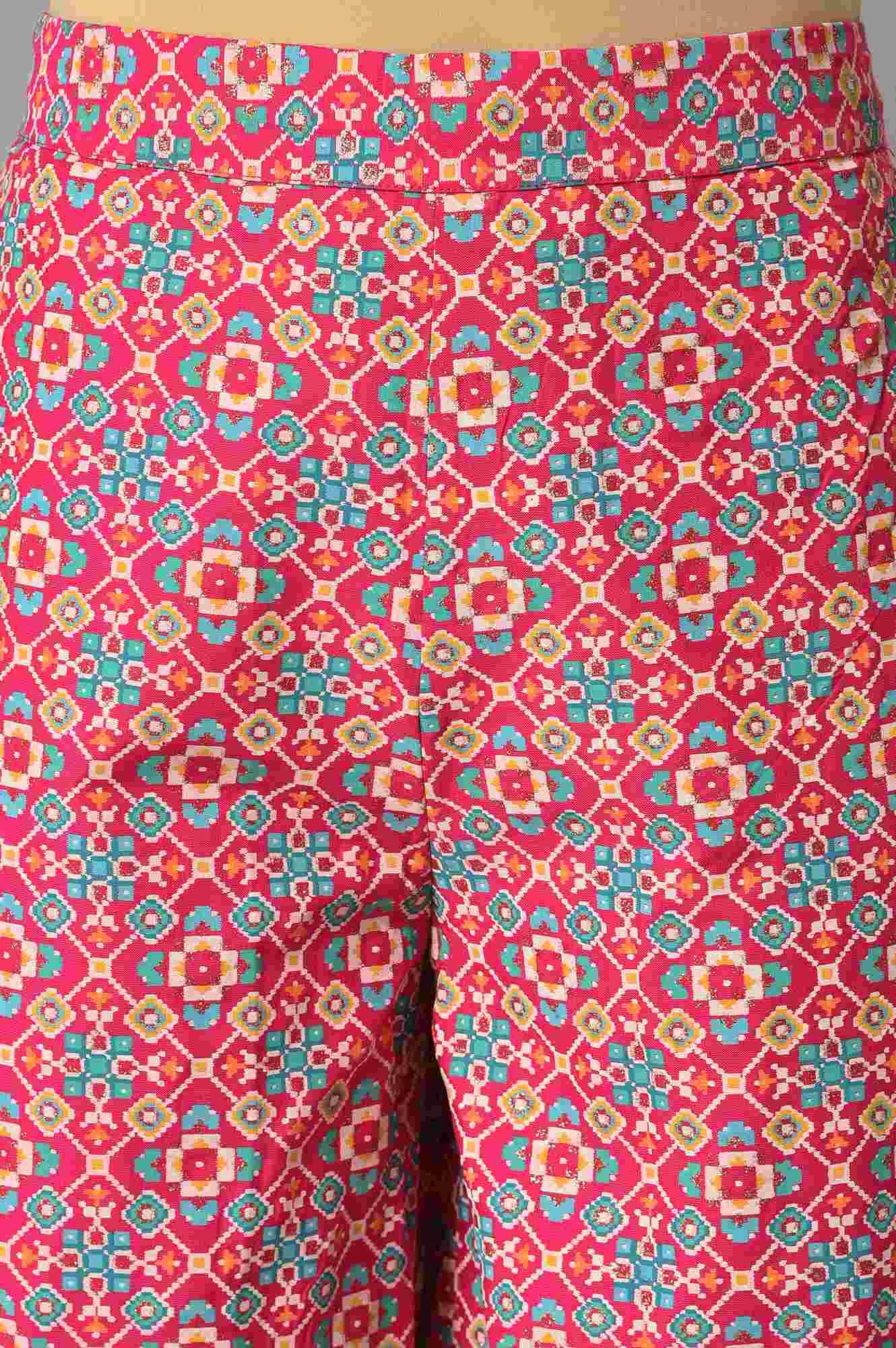 Pink Embroidered kurta With Printed Parallel Pants And Light Blue Mesh Dupatta - Image 6