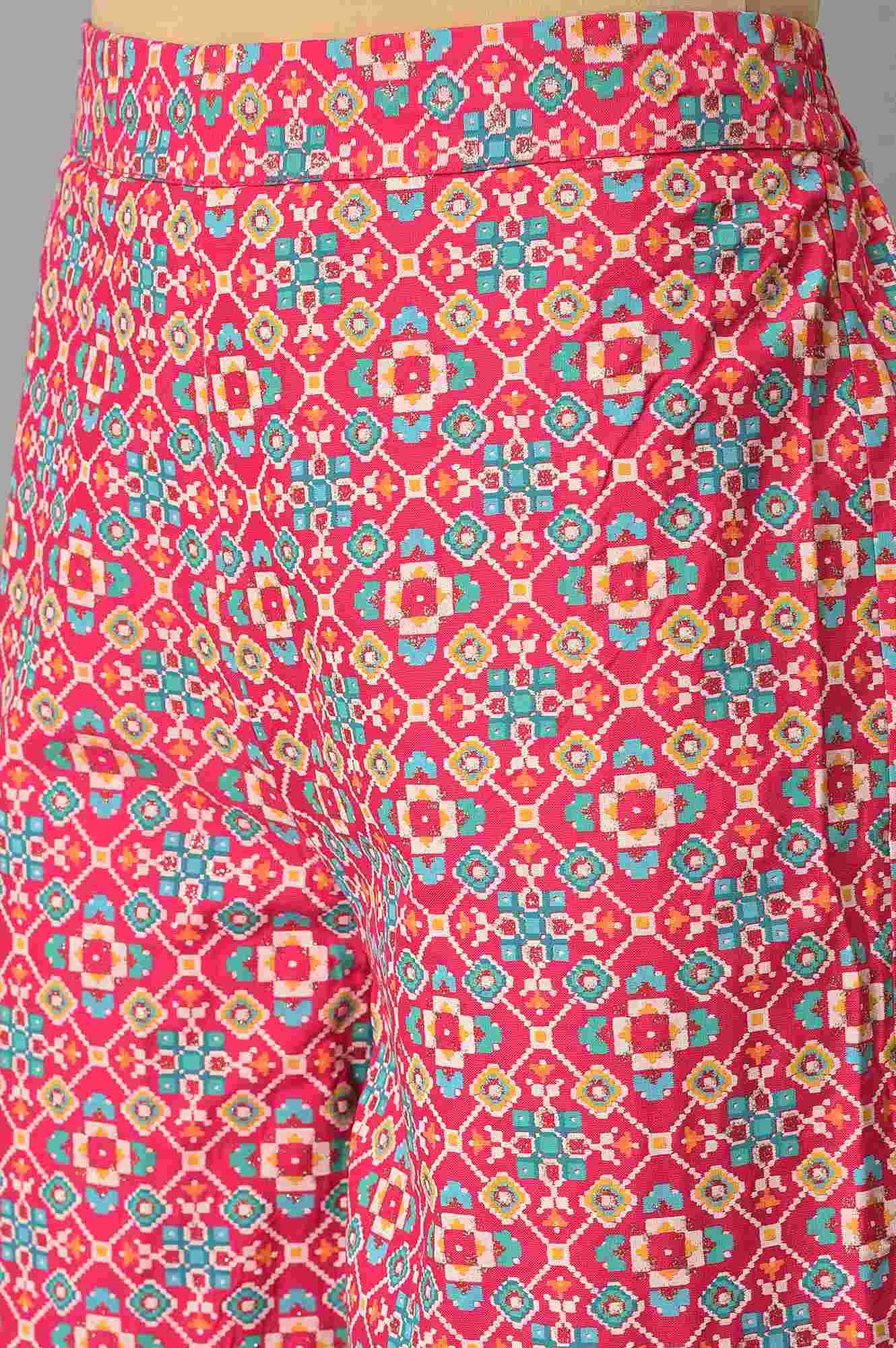 Pink Embroidered kurta With Printed Parallel Pants And Light Blue Mesh Dupatta - Image 7