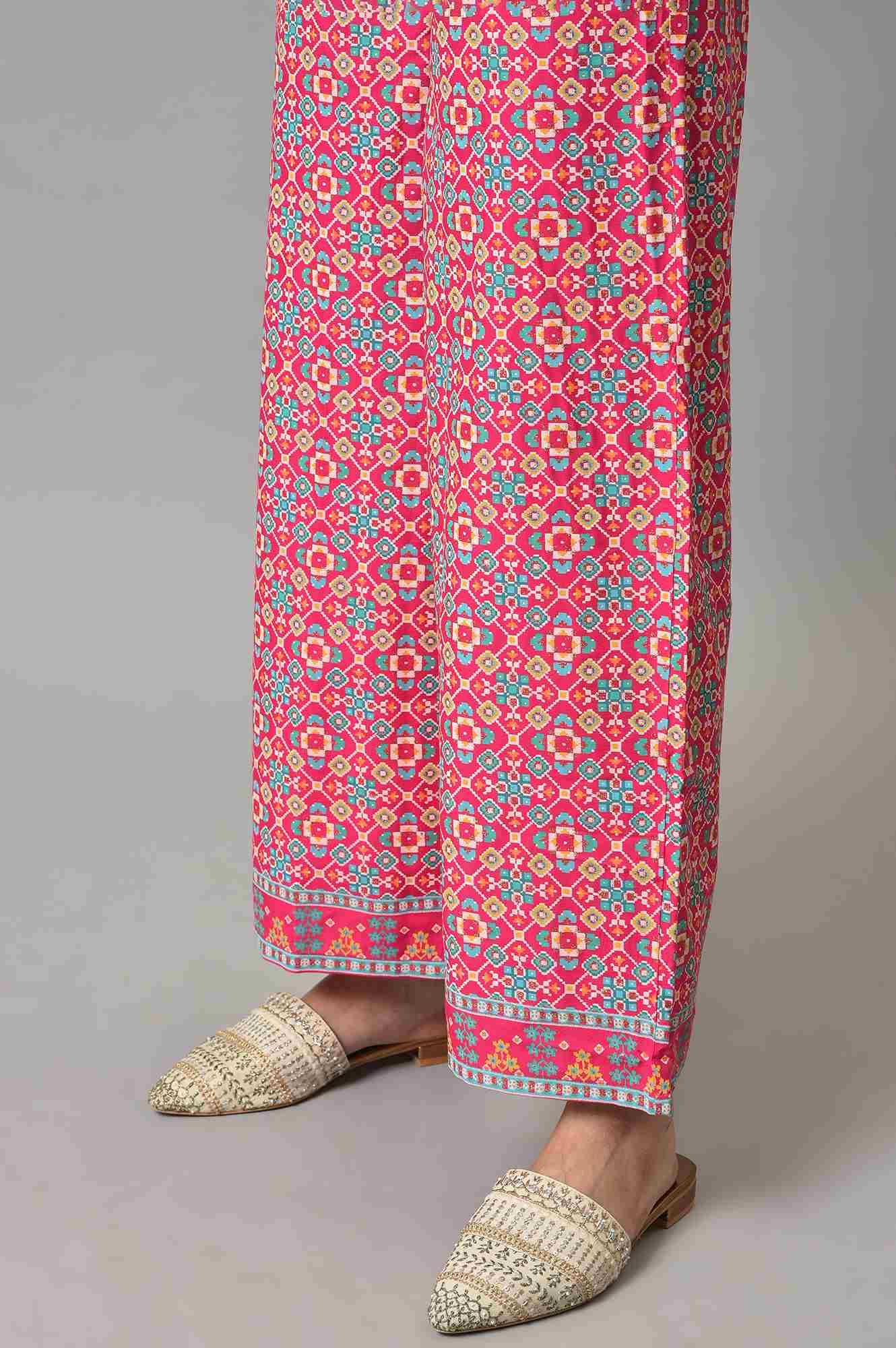 Pink Embroidered kurta With Printed Parallel Pants And Light Blue Mesh Dupatta - Image 8