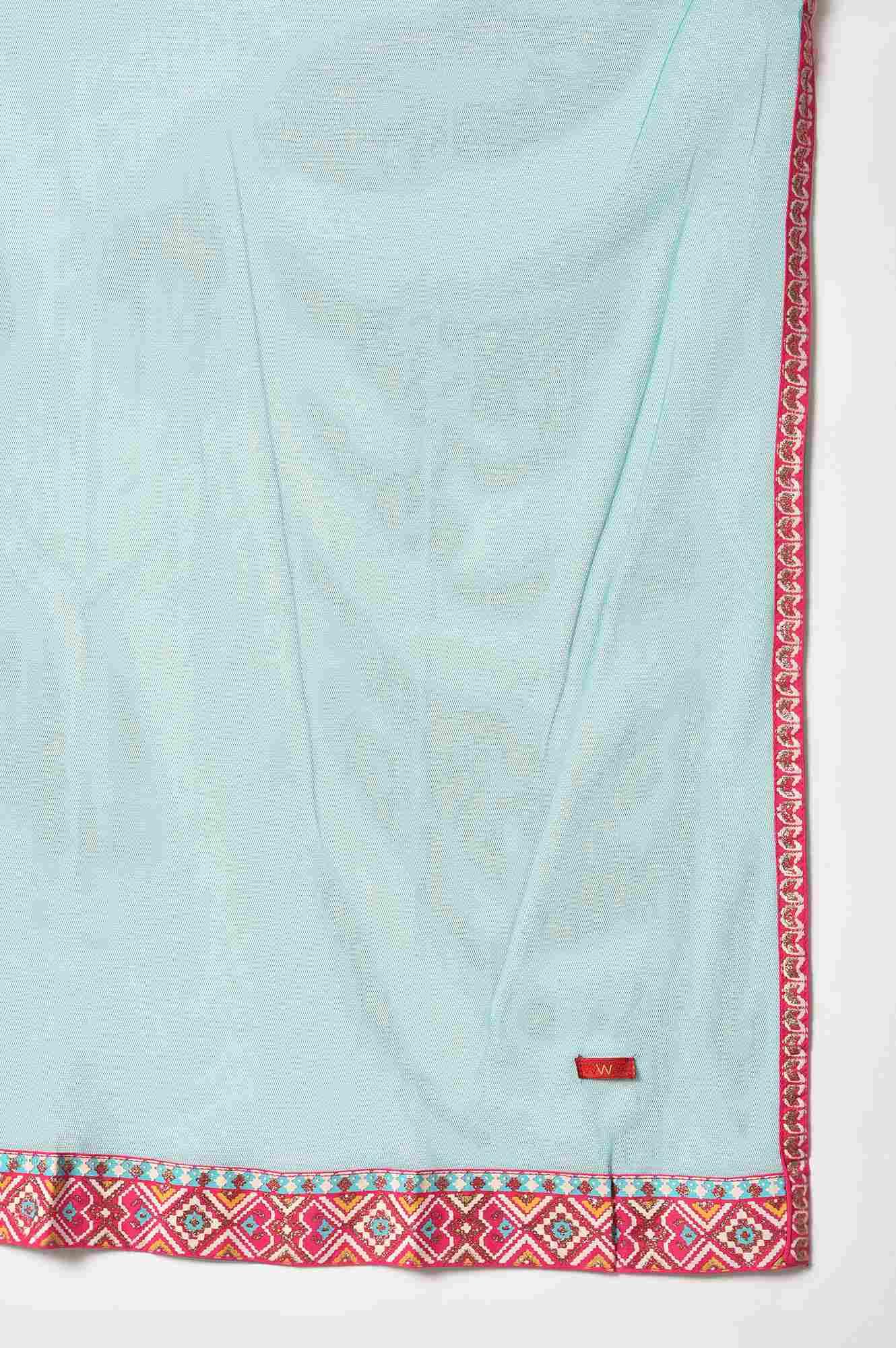 Pink Embroidered kurta With Printed Parallel Pants And Light Blue Mesh Dupatta - Image 9