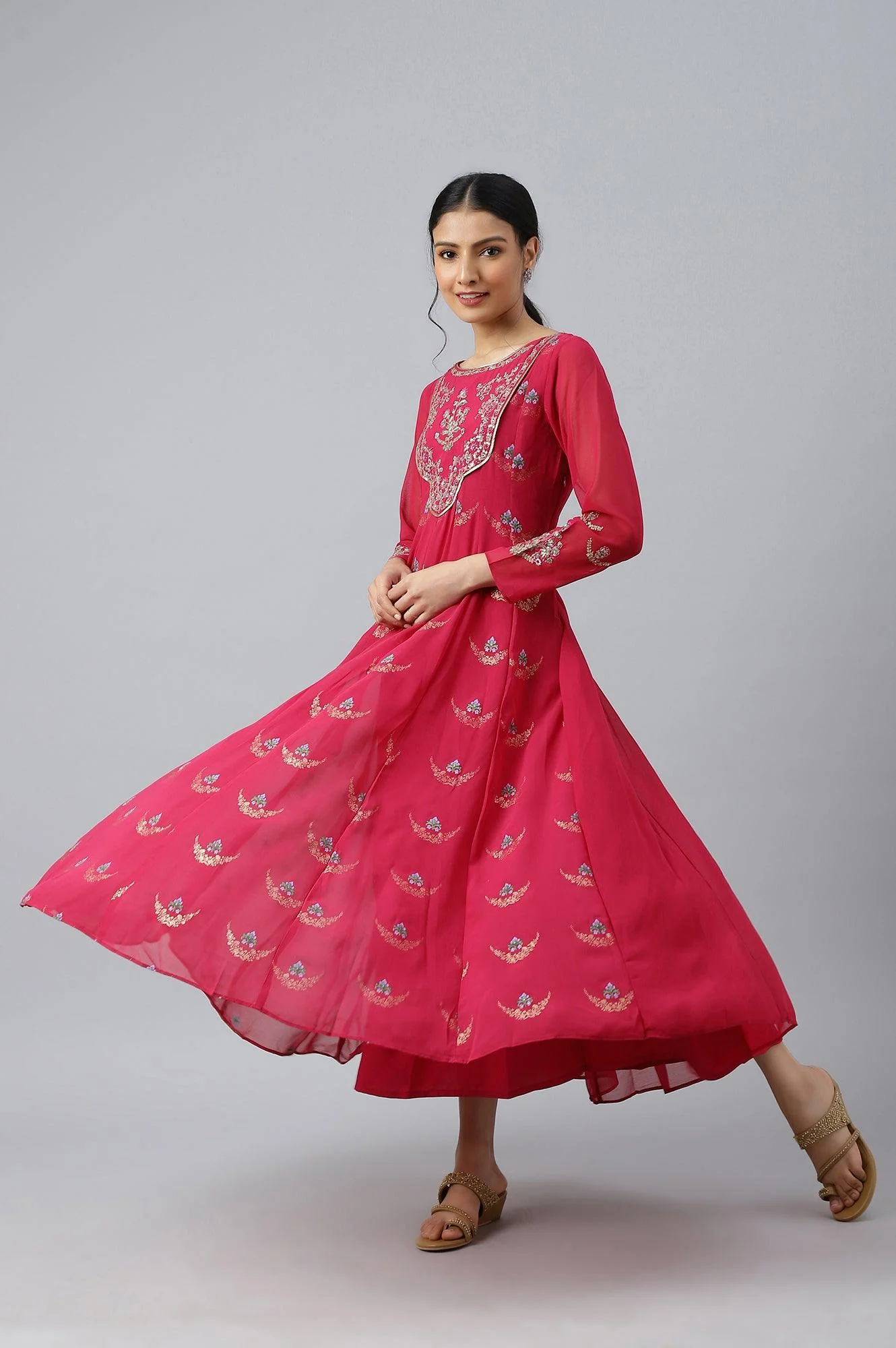 Pink Embroidered Panelled Georgette Dress - Image 6