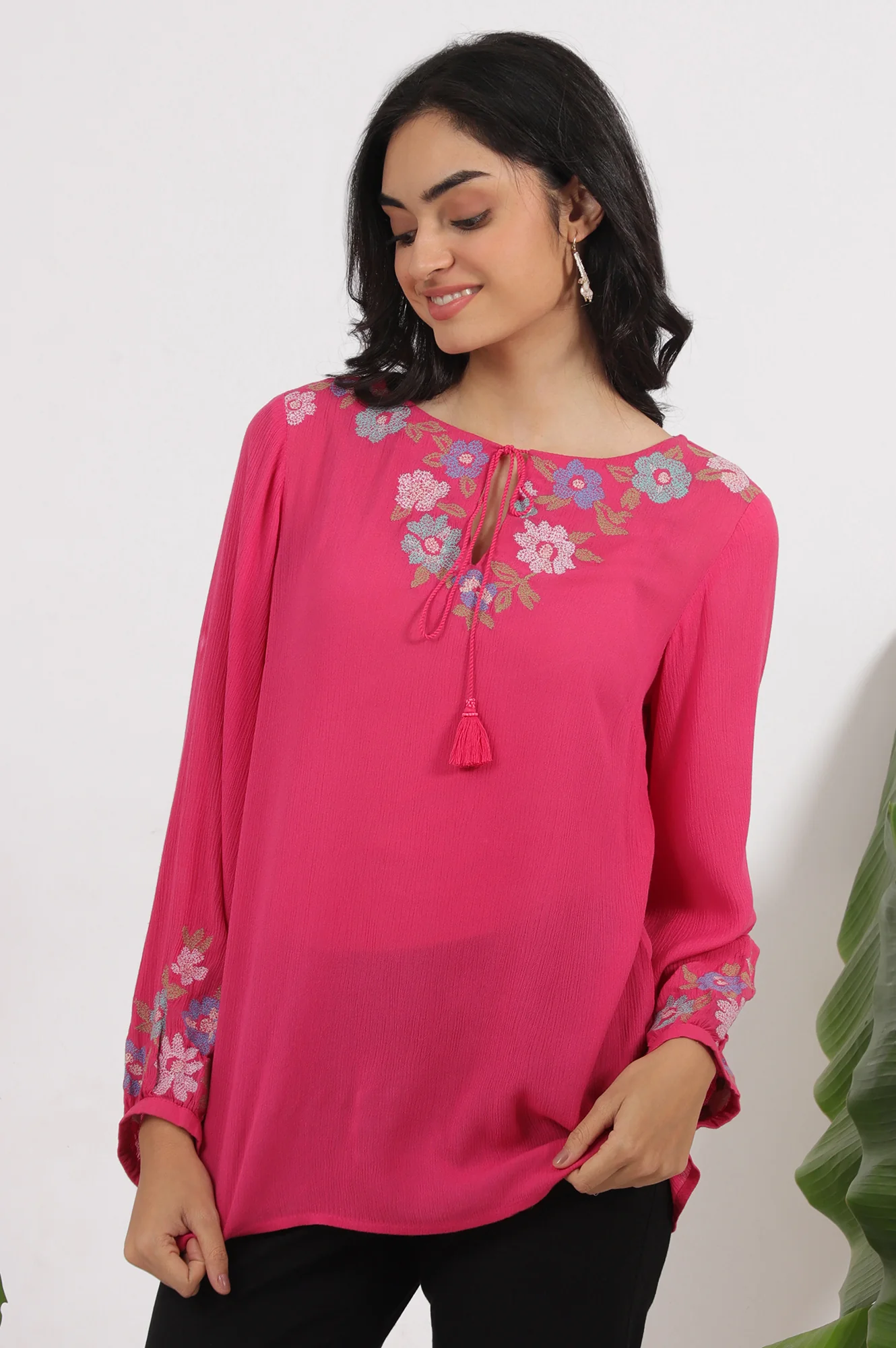 Pink Embroidered Rayon Crepe Straight Top - Image 5