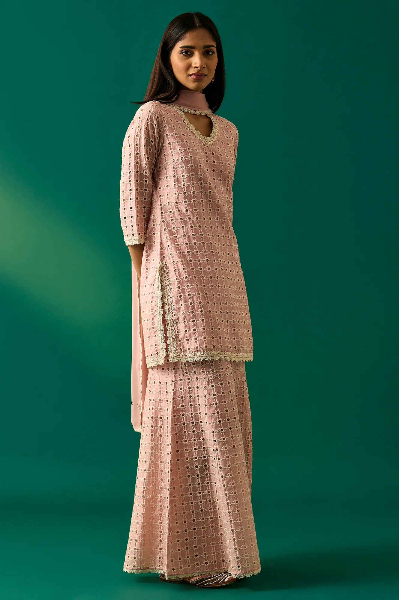 Pink Embroidered Schiffli Straight Short and Sharara Set with Dupatta Set - Image 3