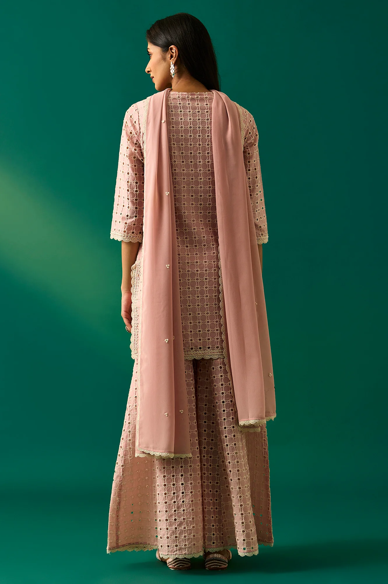 Pink Embroidered Schiffli Straight Short and Sharara Set with Dupatta Set - Image 4