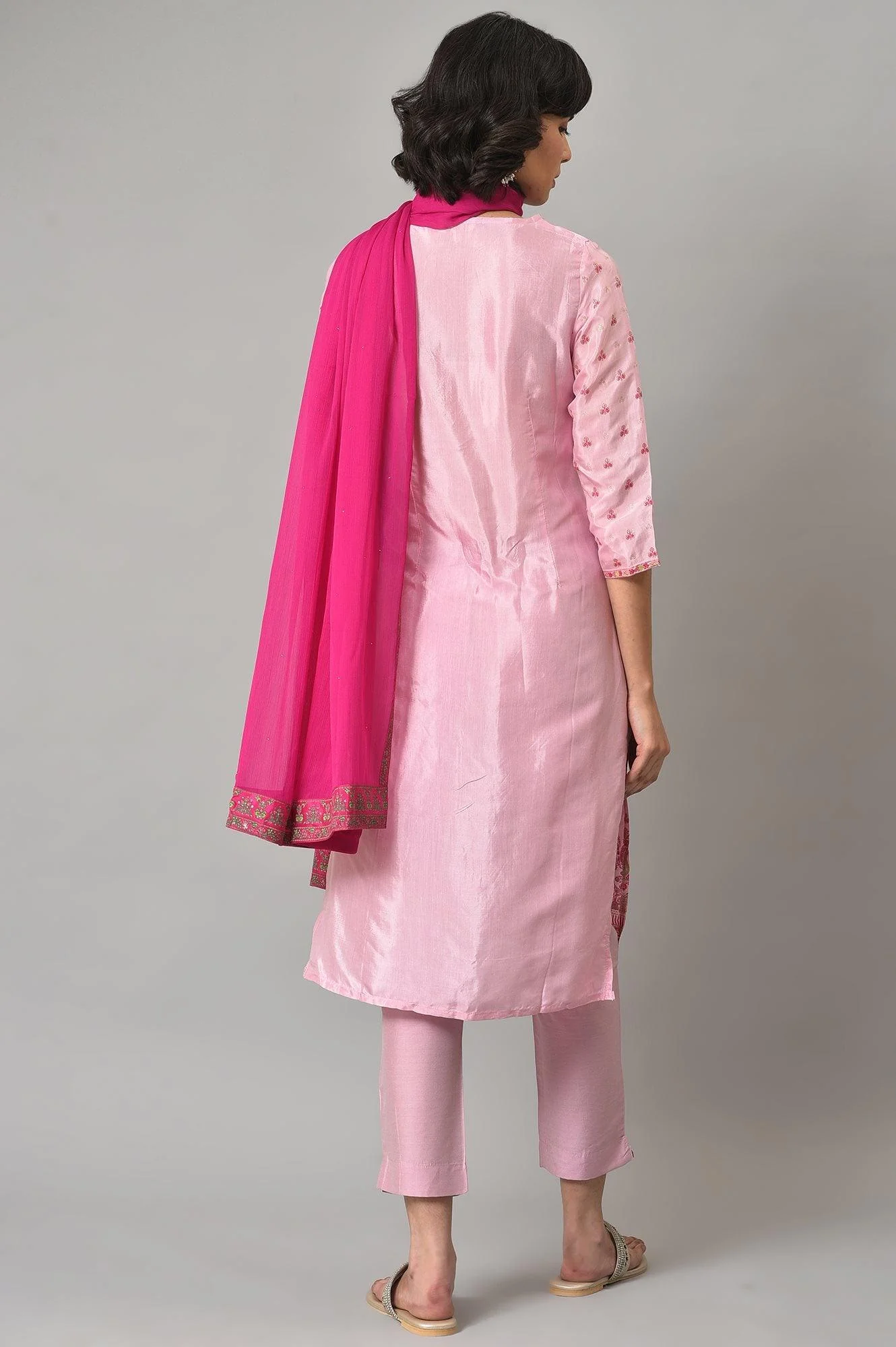 Pink Embroidered Shantung kurta With Slim Pants And Dupatta - Image 2
