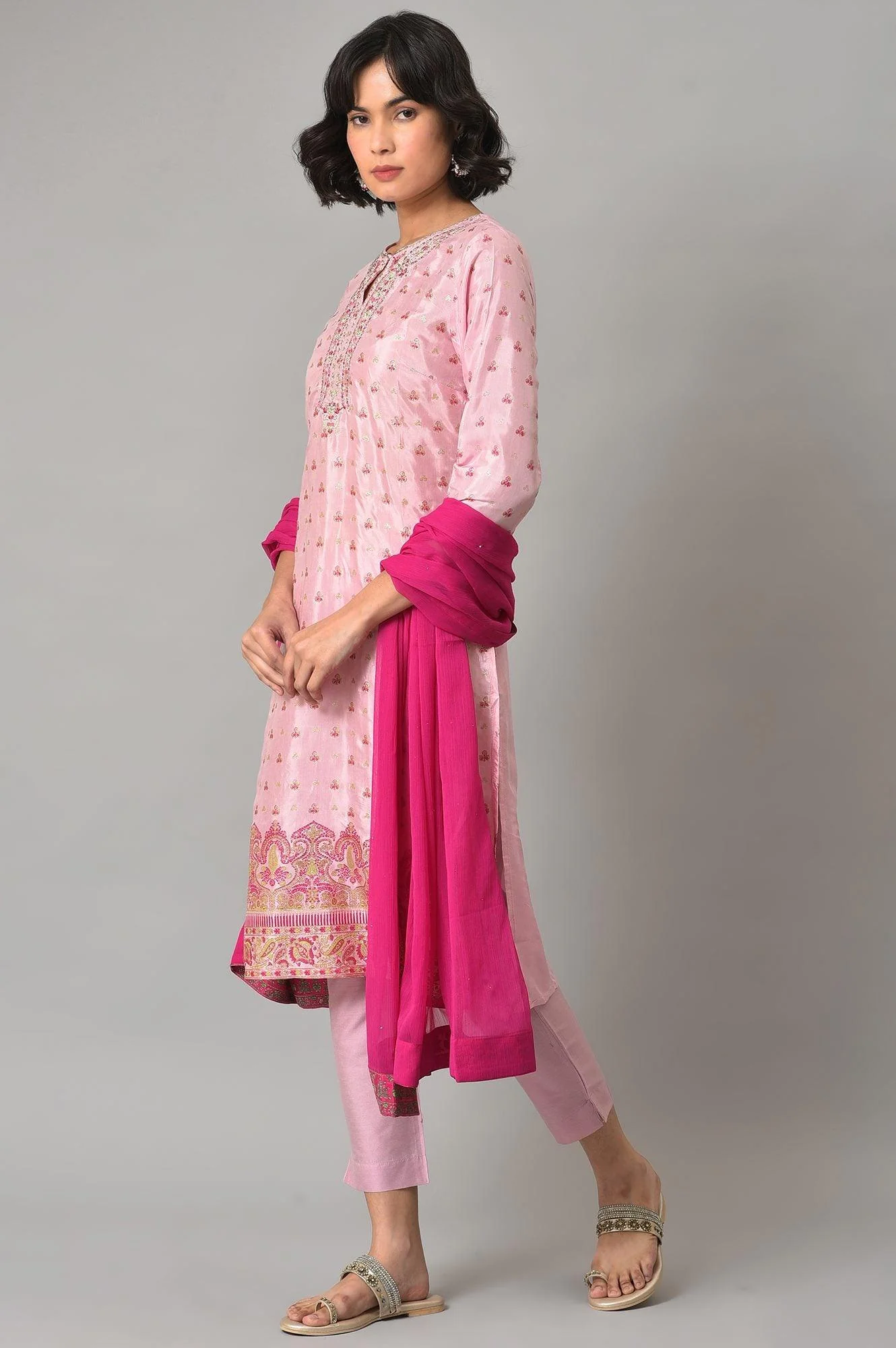 Pink Embroidered Shantung kurta With Slim Pants And Dupatta - Image 3