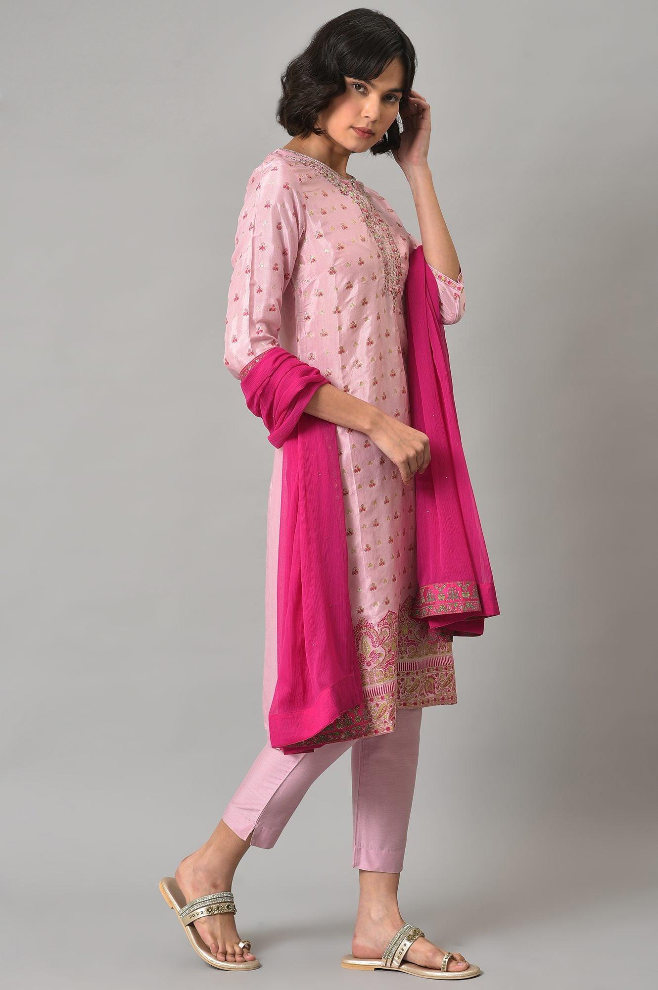 Pink Embroidered Shantung kurta With Slim Pants And Dupatta - Image 4