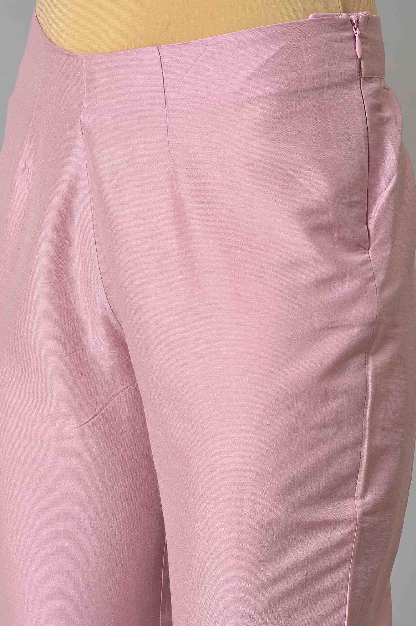 Pink Embroidered Shantung kurta With Slim Pants And Dupatta - Image 7