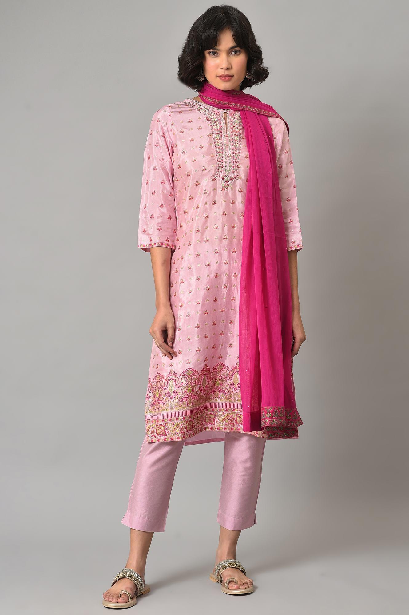 Pink Embroidered Shantung kurta With Slim Pants And Dupatta - Image 9