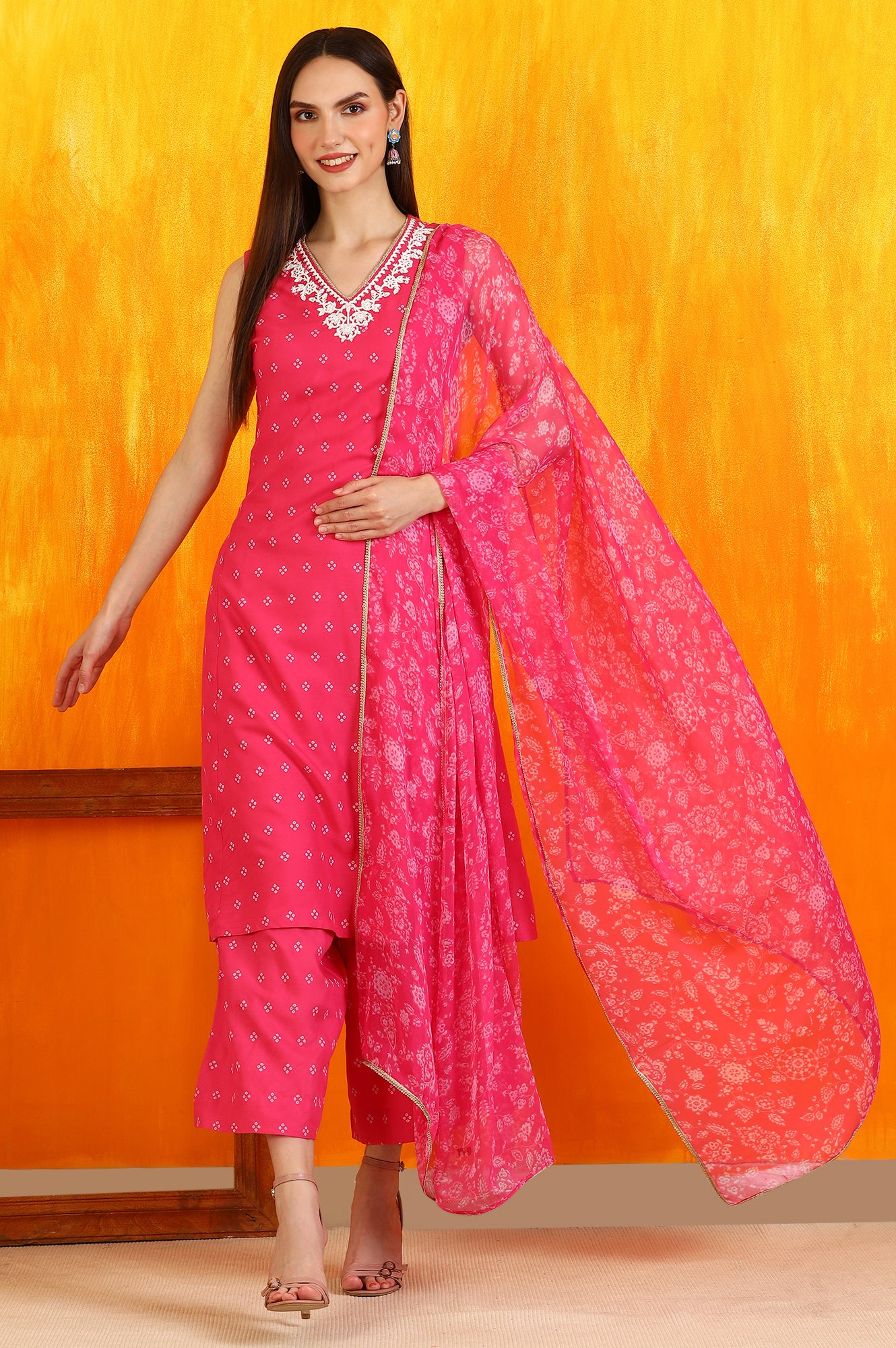 Pink Embroidered Shantung Sleeveless Kurta, Cropped Pants and Dupatta Set - Image 2