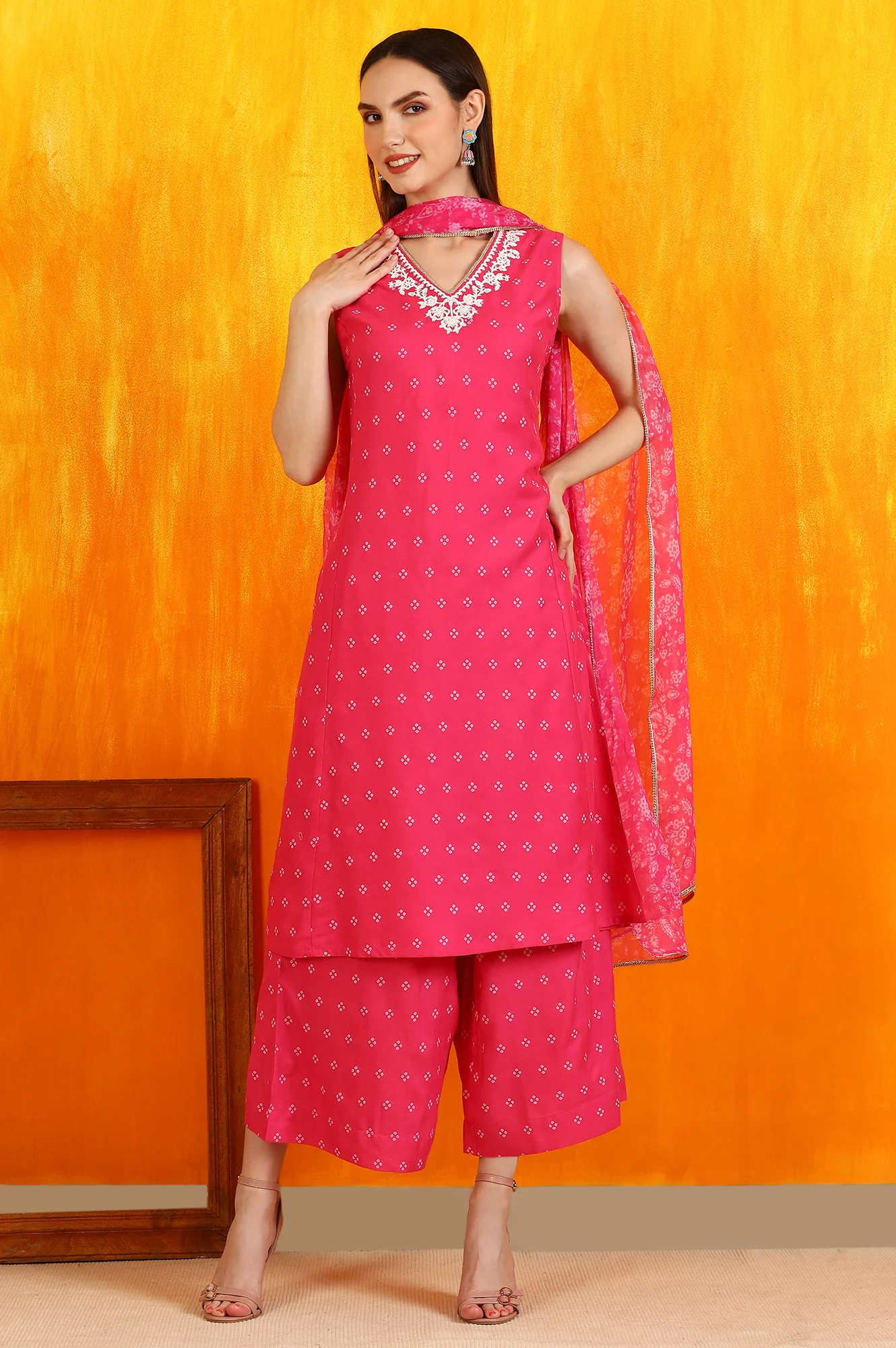 Pink Embroidered Shantung Sleeveless Kurta, Cropped Pants and Dupatta Set - Image 3