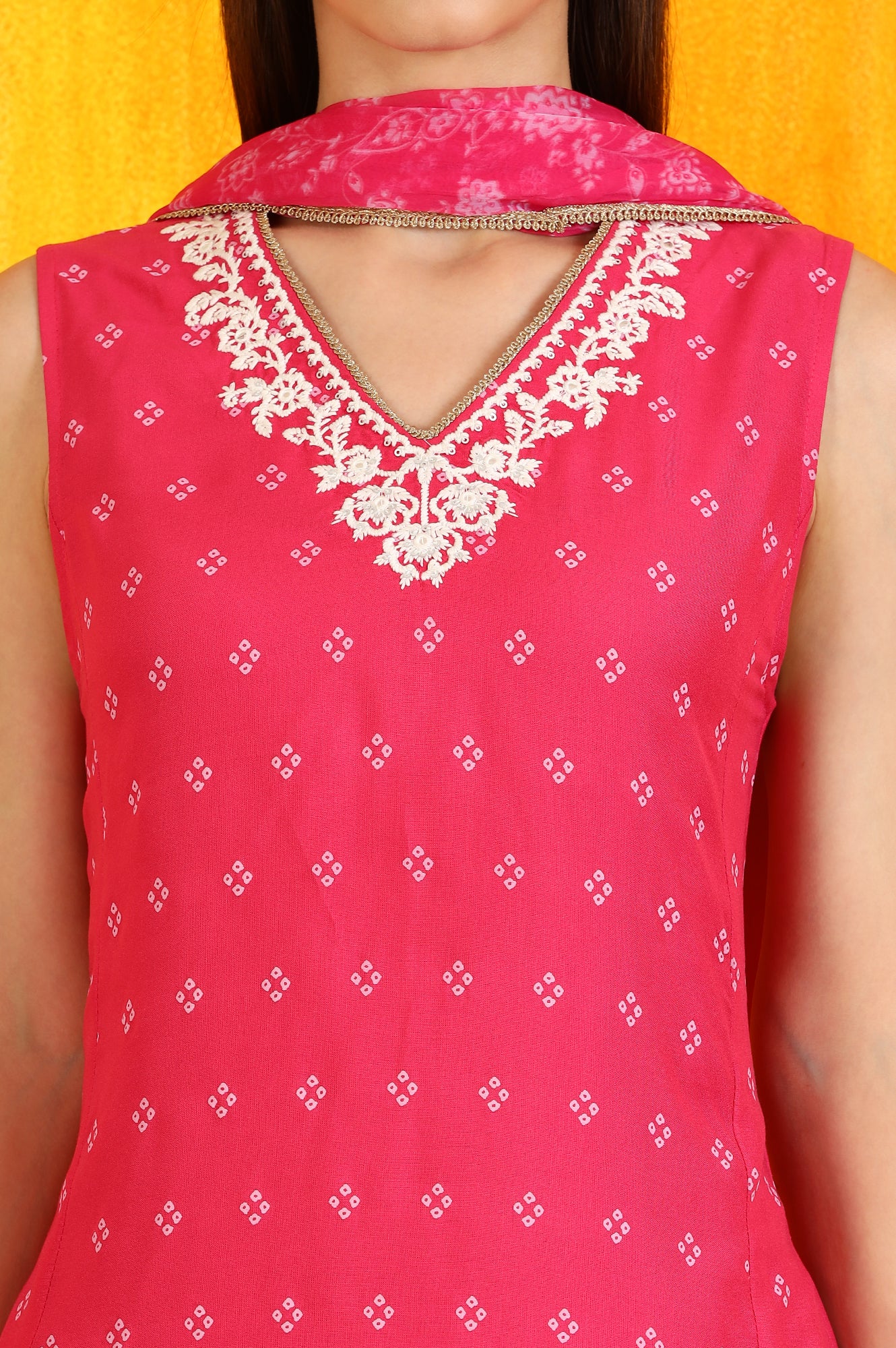Pink Embroidered Shantung Sleeveless Kurta, Cropped Pants and Dupatta Set - Image 4